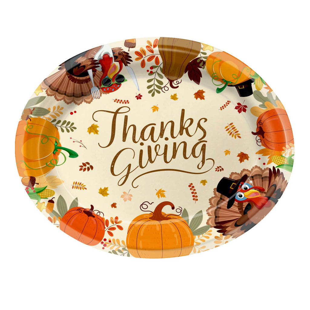 50 Pack Oval Thanksgiving Plates 12 x 10 Inch Thanksgiving Paper Plates Heavy Duty - Large Disposable Dinner Platters,Turkey Pumpkin Autumn Fall Harvest Thanksgiving Party Decor