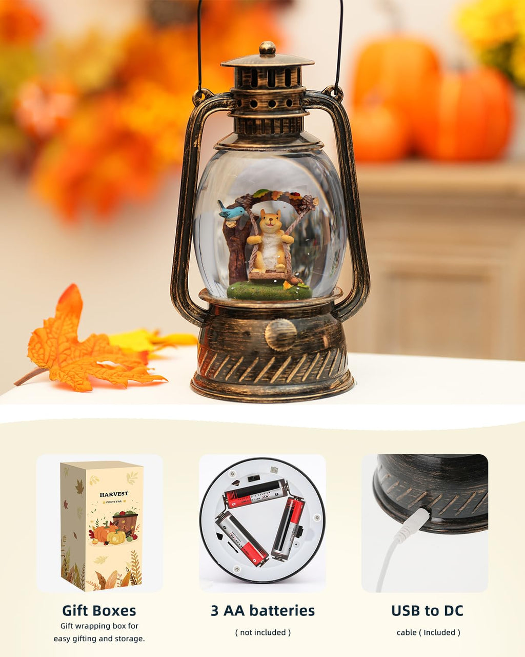 Fall Decor Snow Globe Thanksgiving Decoration Turkey Lantern Light-Up 6H Timer Halloween Pumpkin Glitter Autumn Scene Snow Globes Fall Decoration for Home