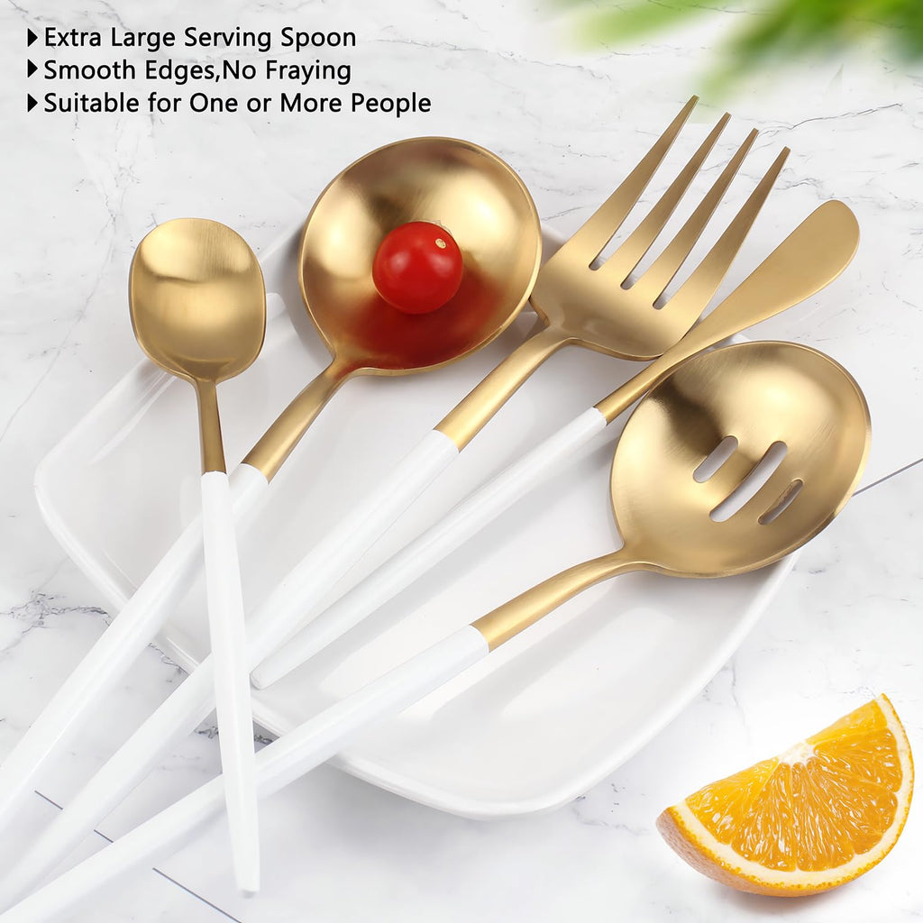 Gold Stainless Steel Serving Utensils Set, 5 Pcs - 10.8 Inch Serving Fork, 10.3 Inch Slotted Spoon, Sugar Spoon, Butter Knife for Buffet