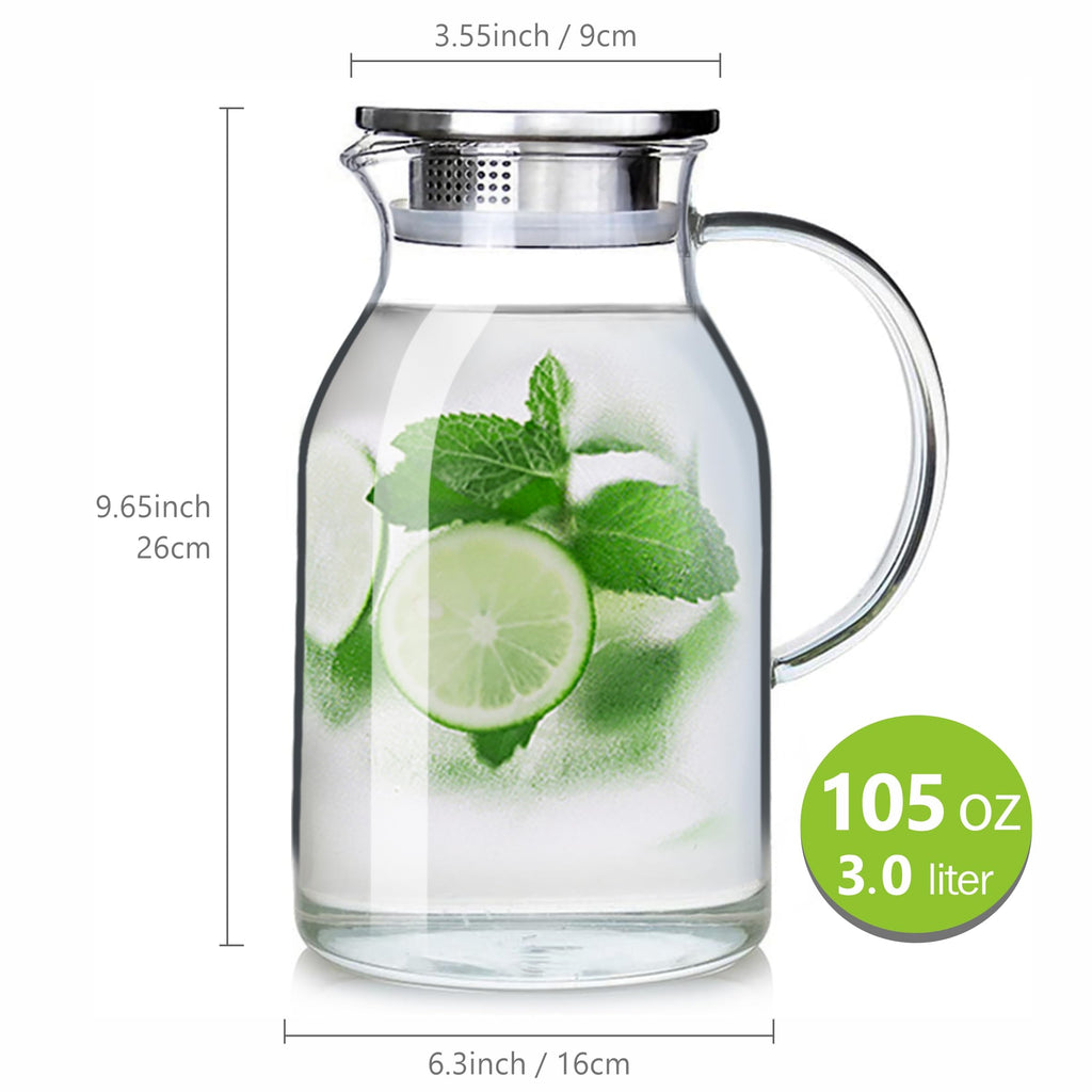 88OZ Glass Pitcher with Lid and Spout - High Heat Resistance Pitcher for Hot/Cold Water & Iced Tea (2.6L)