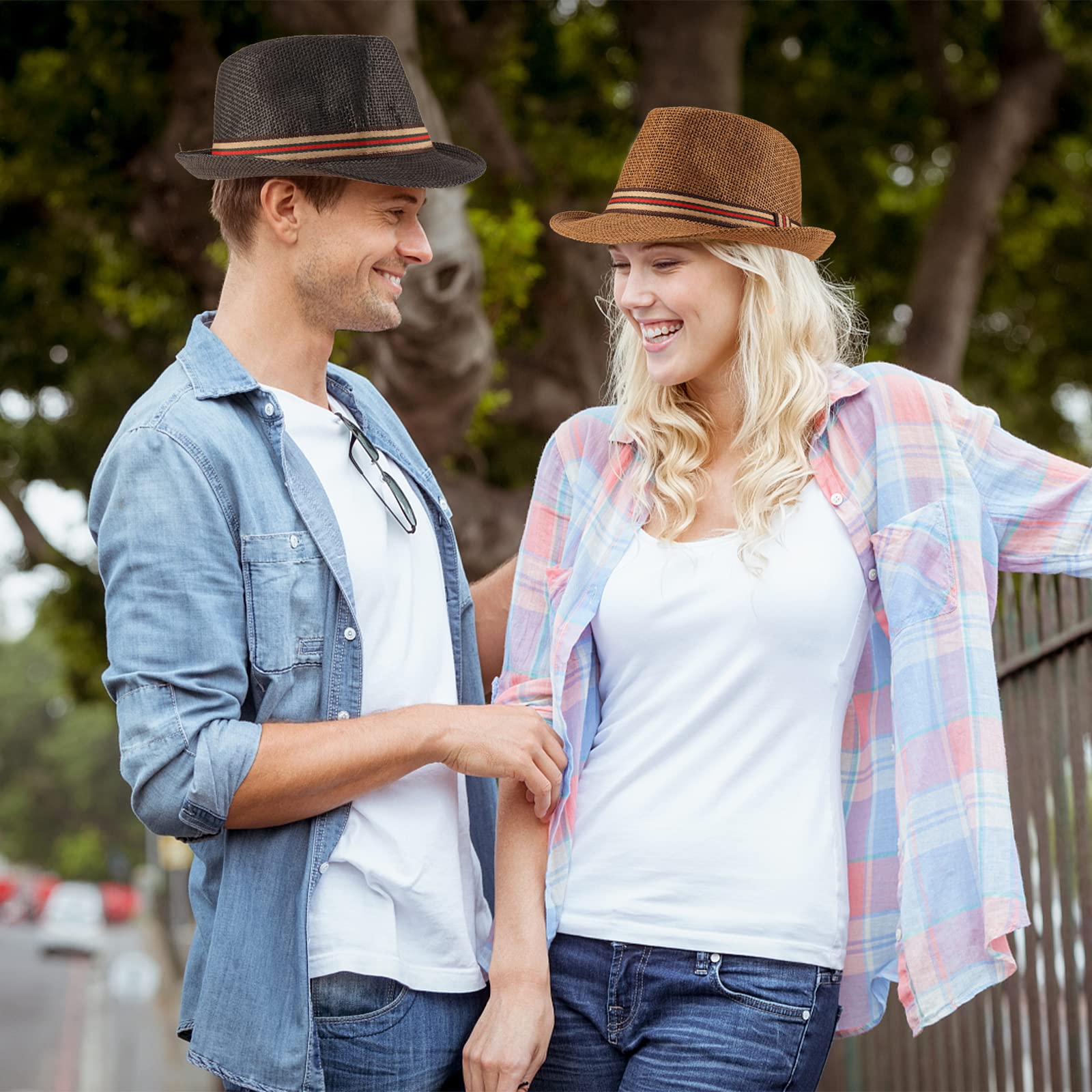 Forwe 4 Pack Straw Fedora Hat for Men Women Short Brim Trilby Hat Classic Panama Summer Beach Sun Hat