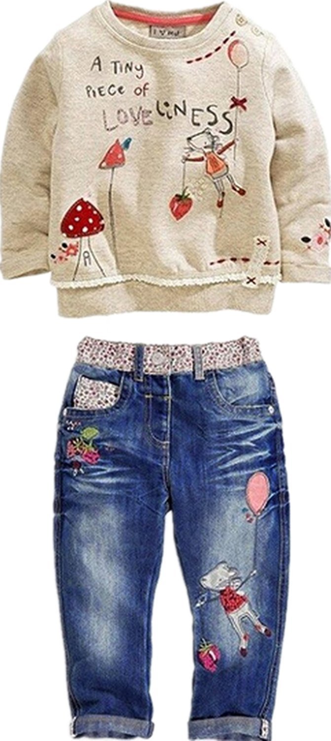 LUKYCILD Toddler Girl Clothes Baby Girl Long Sleeve Top + Jeans Pants with Pockets 2 Piece Outfit Cartoon Clothing Set