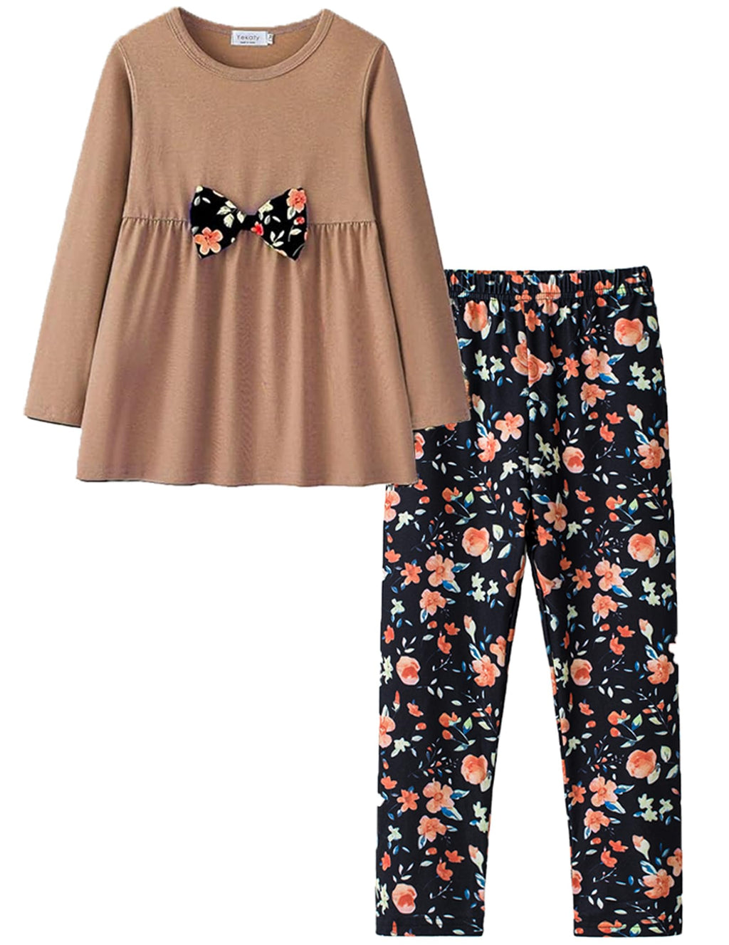 Yekaty Girls Clothing Set 2 Pcs Floral Soft Crewneck Long Sleeve Top+Leggings Loose Outfits With Bowknot