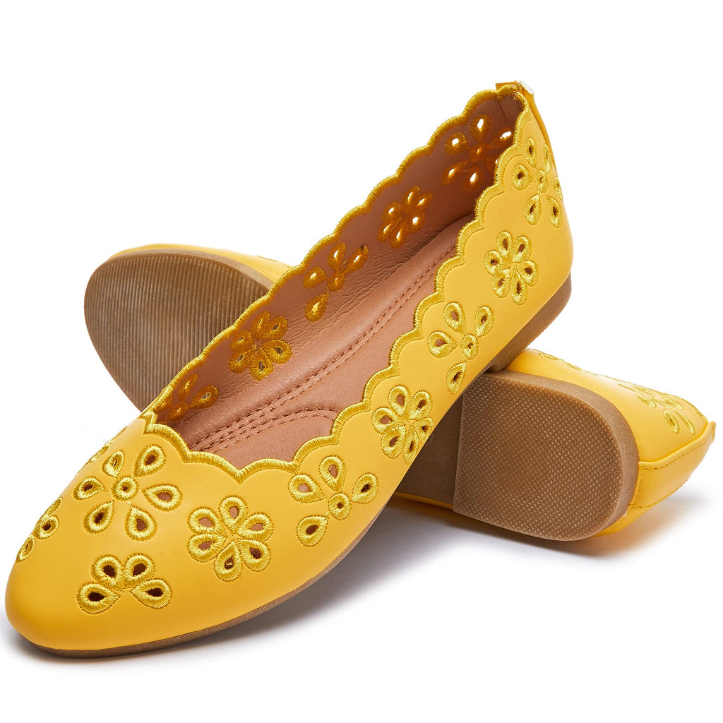 FRACORA Women's Ballet Flats Black PU Leather Dress Shoes Comfortable Round Toe Slip on Flats with Breathable Eyelets