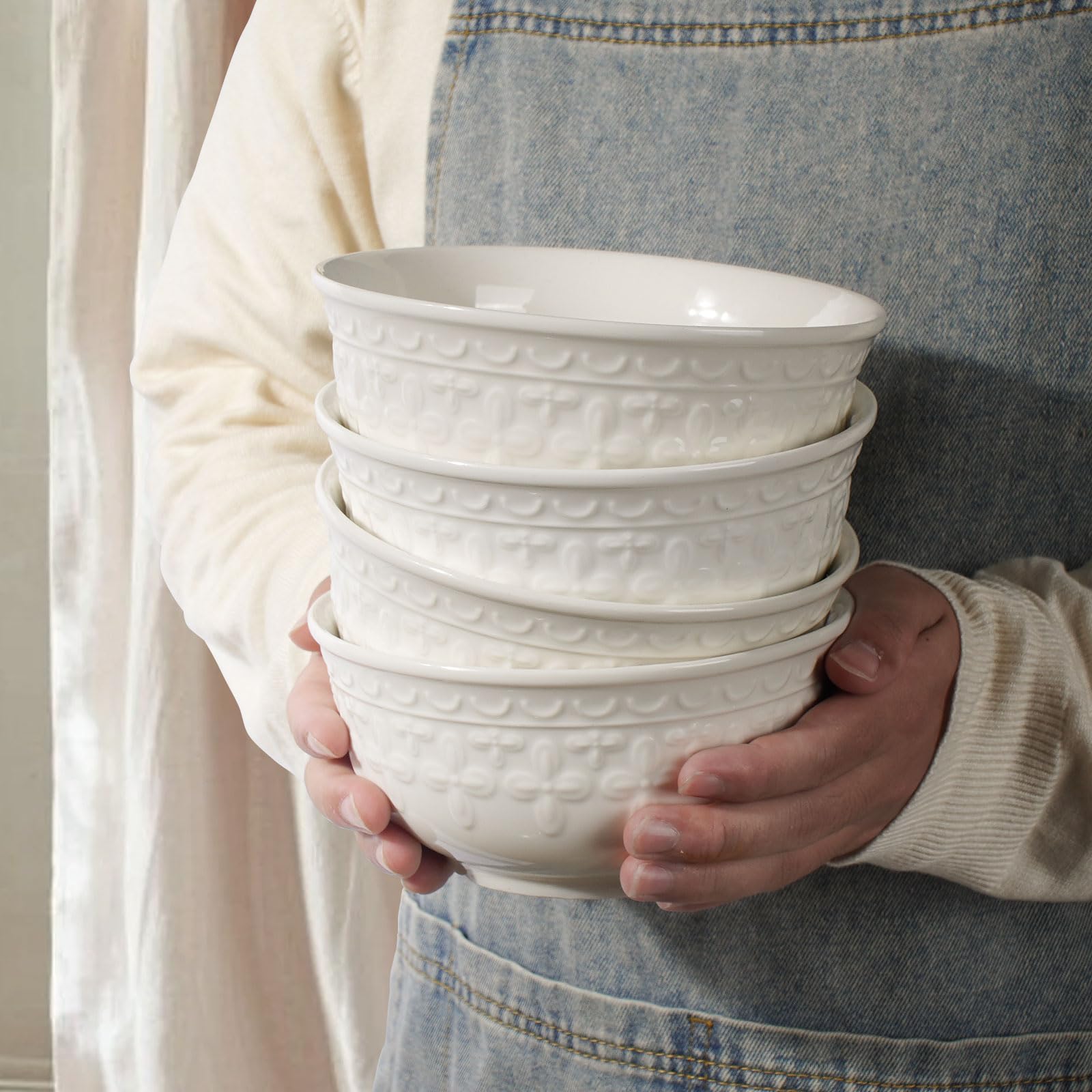 Large Salad Bowls Set of 4, 60oz White Serving Bowls Deep Deep Embossed Ceramic Mixing Bowl for Soup Kitchen, Eating, Ramen, Pasta, Dishwasher & Microwave Safe 8 inch (Multiple Patterns)