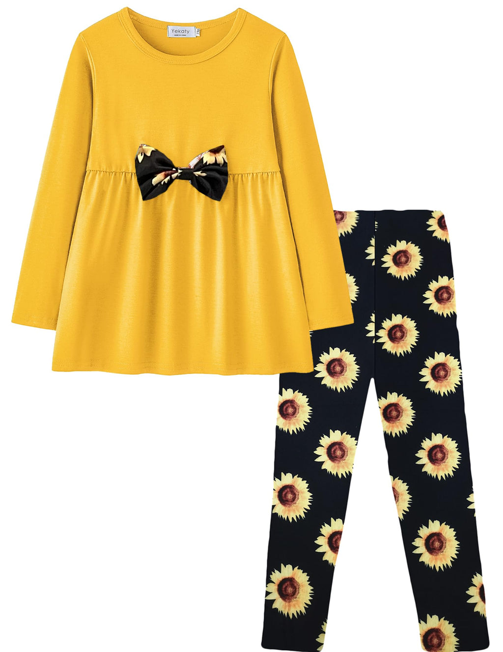 Yekaty Girls Clothing Set 2 Pcs Floral Soft Crewneck Long Sleeve Top+Leggings Loose Outfits With Bowknot