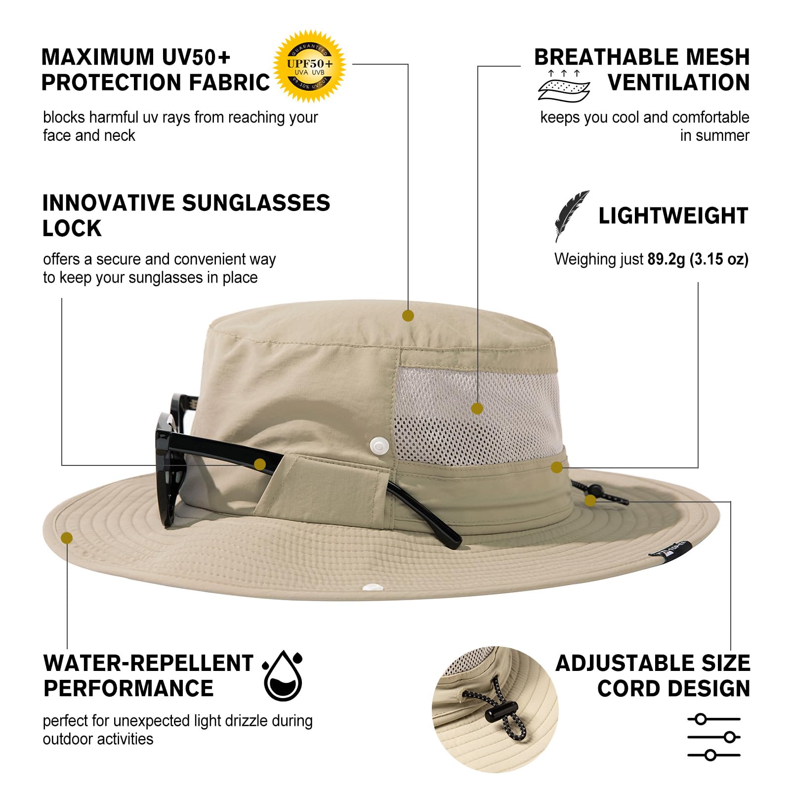 TOP-EX L/XL/XXL UV50+ Waterproof Wide Brim Bucket Sun Hat for Summer Fishing Hiking w/Detachable Strap & Vented Mesh