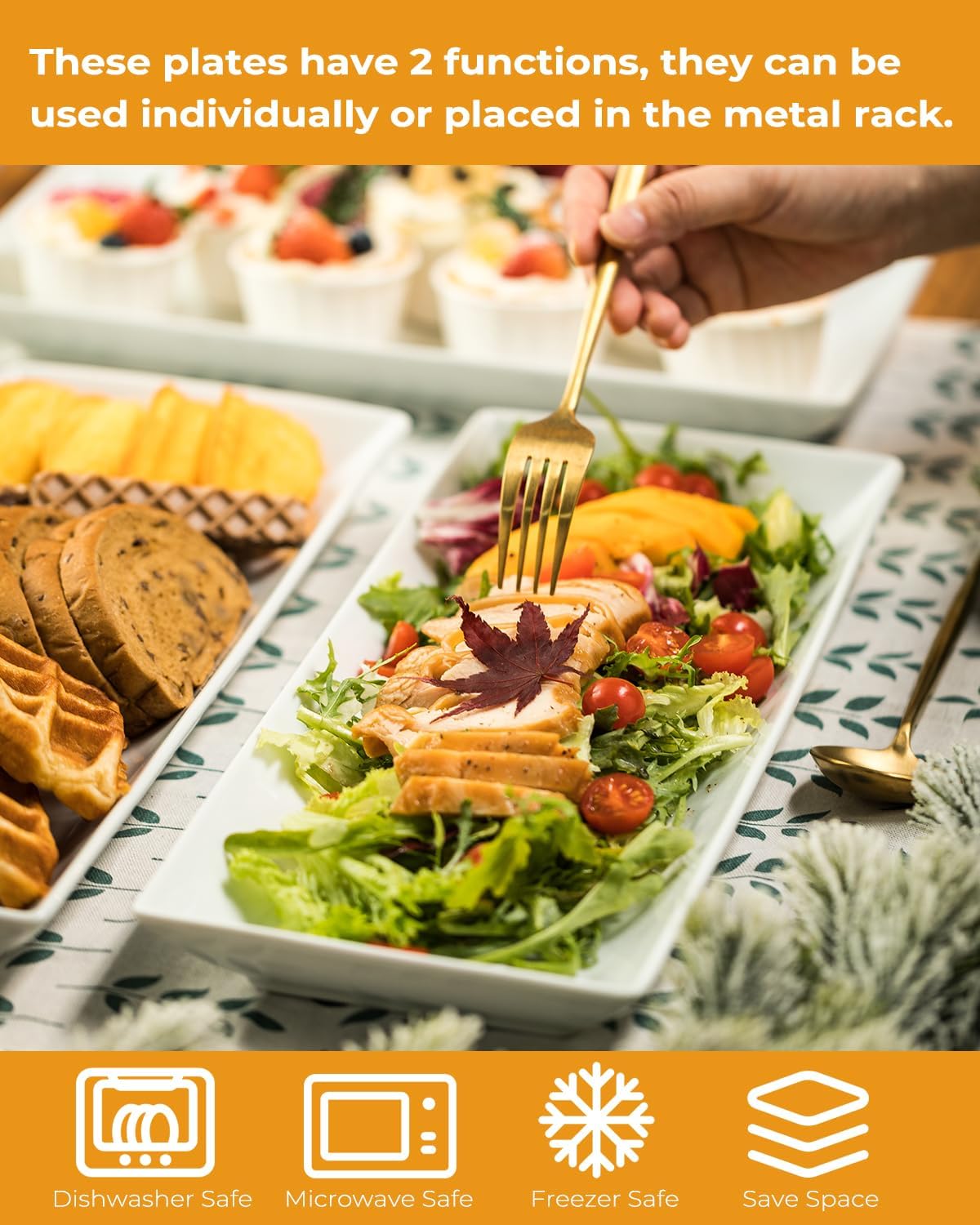 LAUCHUH Large 3 Tier Serving Stand Tiered Serving Trays Collapsible Sturdier Rack with 3 Porcelain Serving Platters for Fruit Dessert Presentation Thanksgiving Christmas Party Display Set, 14 Inch