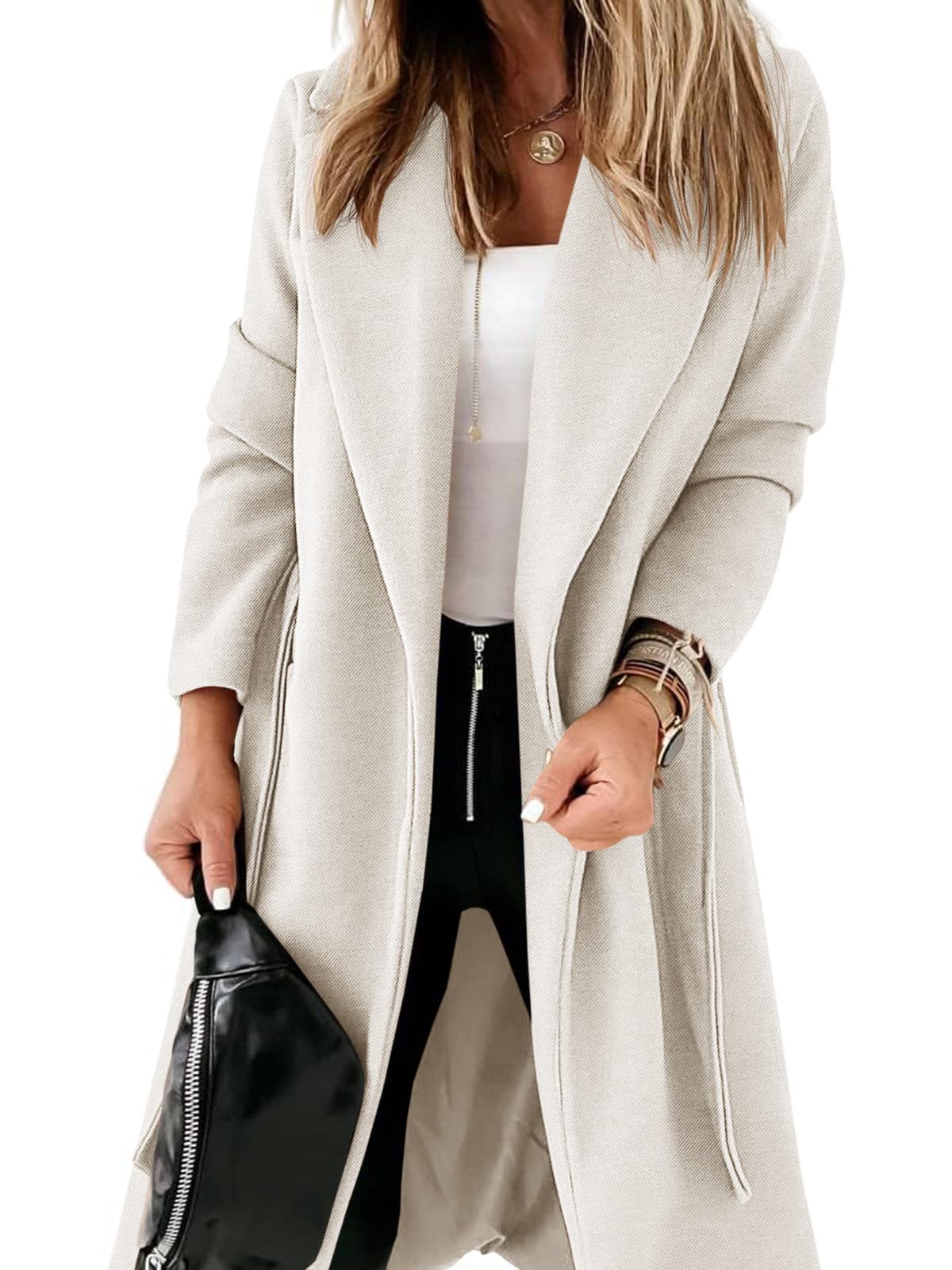 Womens Classic Coat Lapel Collar Open Front Belted Long Jacket