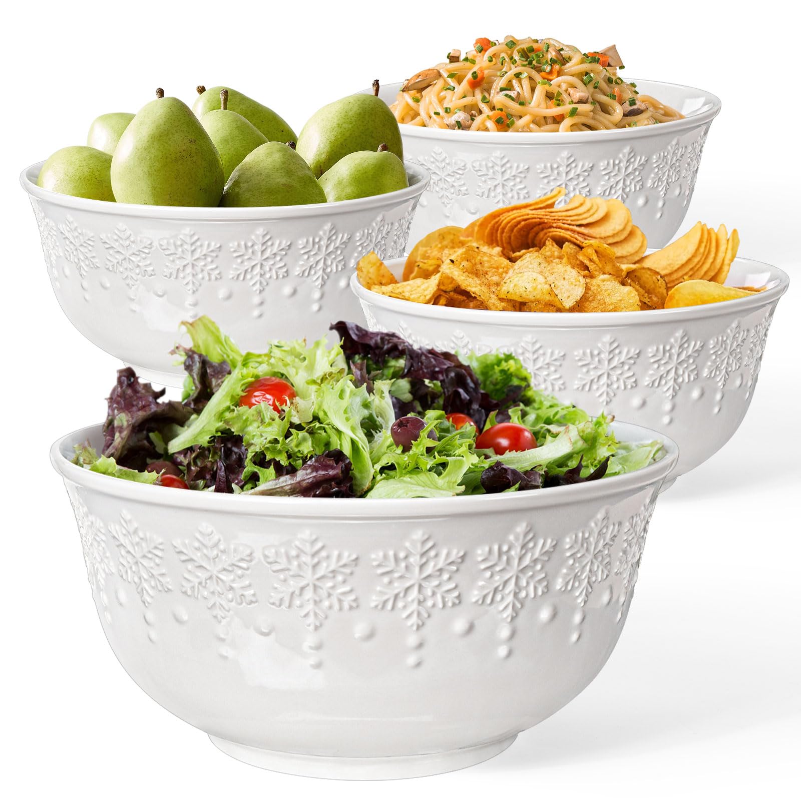 Large Salad Bowls Set of 4, 60oz White Serving Bowls Deep Deep Embossed Ceramic Mixing Bowl for Soup Kitchen, Eating, Ramen, Pasta, Dishwasher & Microwave Safe 8 inch (Multiple Patterns)
