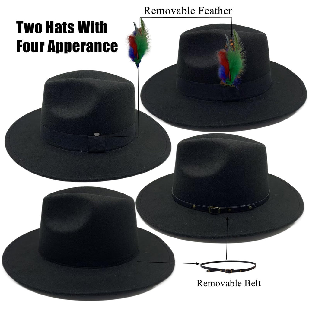 2 Pack Classic Fedora Hat for Men & Women Wide Brim Felt Panama Floppy Hat Black