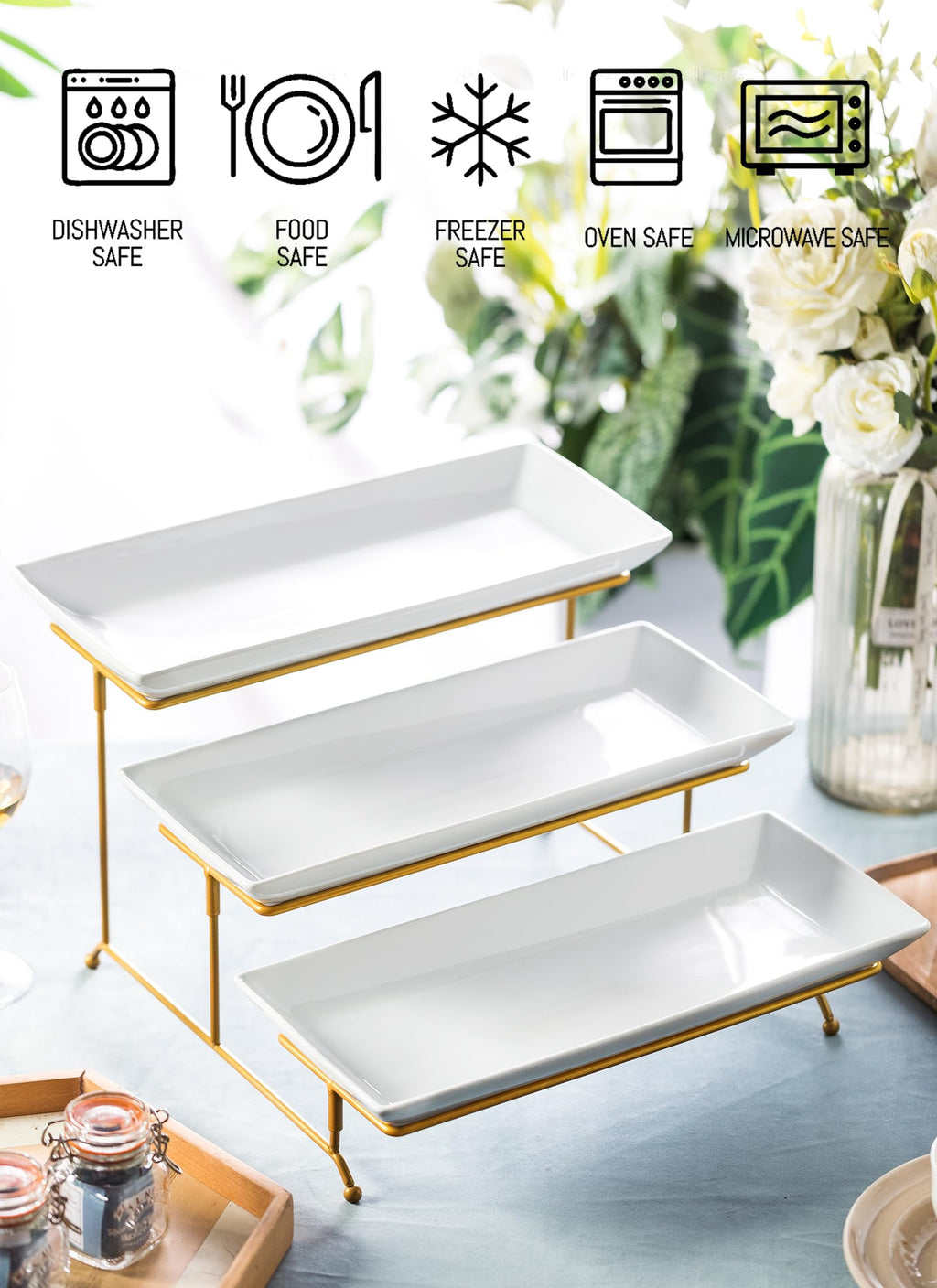 LYEOBOH 3 Tier Serving Bowls Set with Collapsible Thicker Metal Stand, Oval Serving Dishes for Entertaining Tiered Serving Stand for Fruit, Dessert, Candy, Chip and Dip (Black)