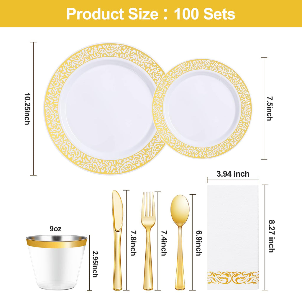 700PCS Gold Plastic Dinnerware Set for 100 Guests, Disposable Plates for Party, Include 100 Gold Dinner Plates, 100 Dessert Plates, 100 Set Silverware, 100 Cups, 100 Napkins