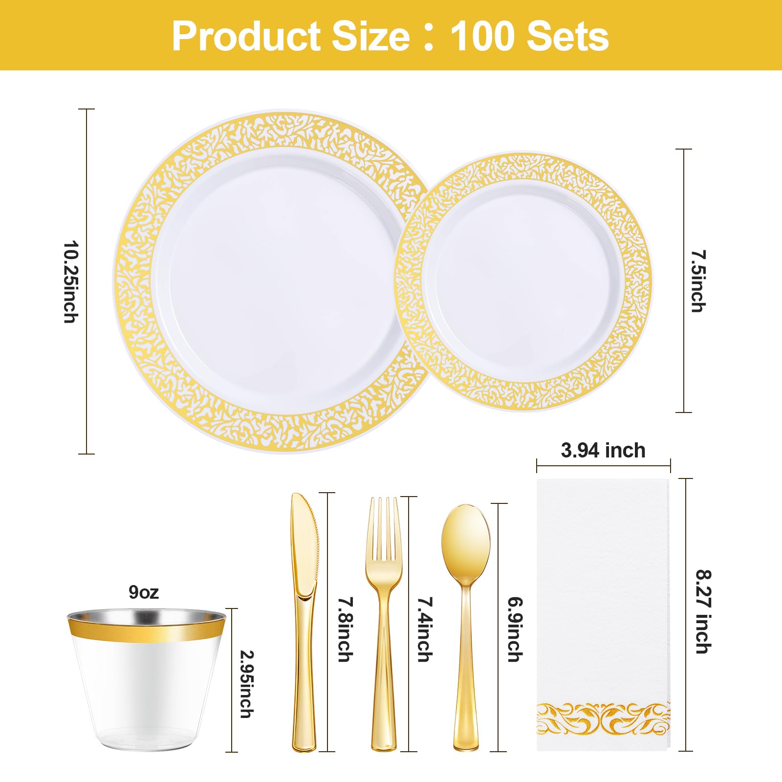 700PCS Gold Plastic Dinnerware Set for 100 Guests, Disposable Plates for Party, Include 100 Gold Dinner Plates, 100 Dessert Plates, 100 Set Silverware, 100 Cups, 100 Napkins