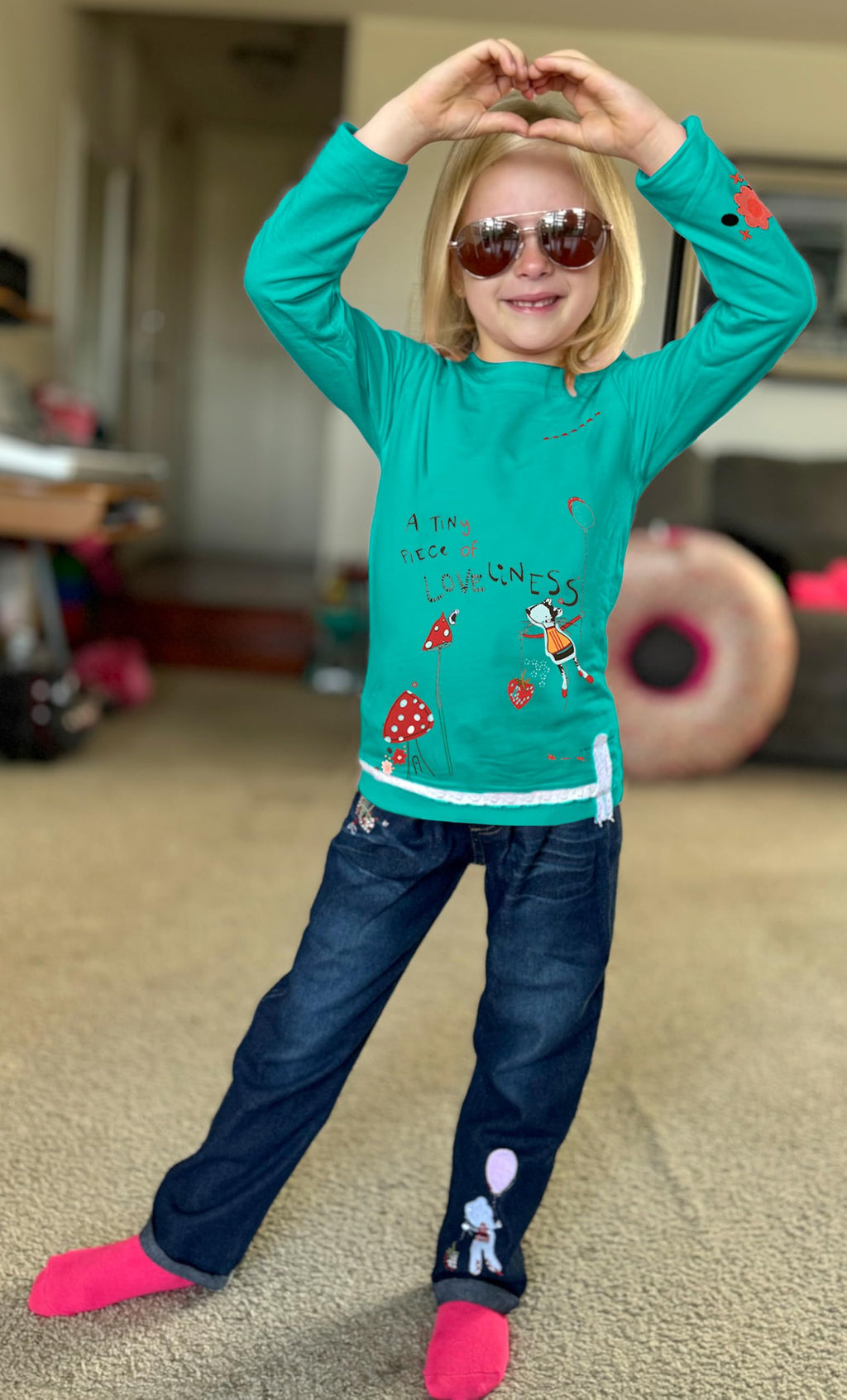 LUKYCILD Toddler Girl Clothes Baby Girl Long Sleeve Top + Jeans Pants with Pockets 2 Piece Outfit Cartoon Clothing Set