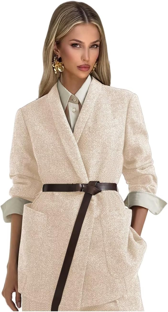 Tweed Suits for Women Dressy 2 Piece Herringbone Blazer and Pants with Belt Shawl Lapel Business Casual Outfits