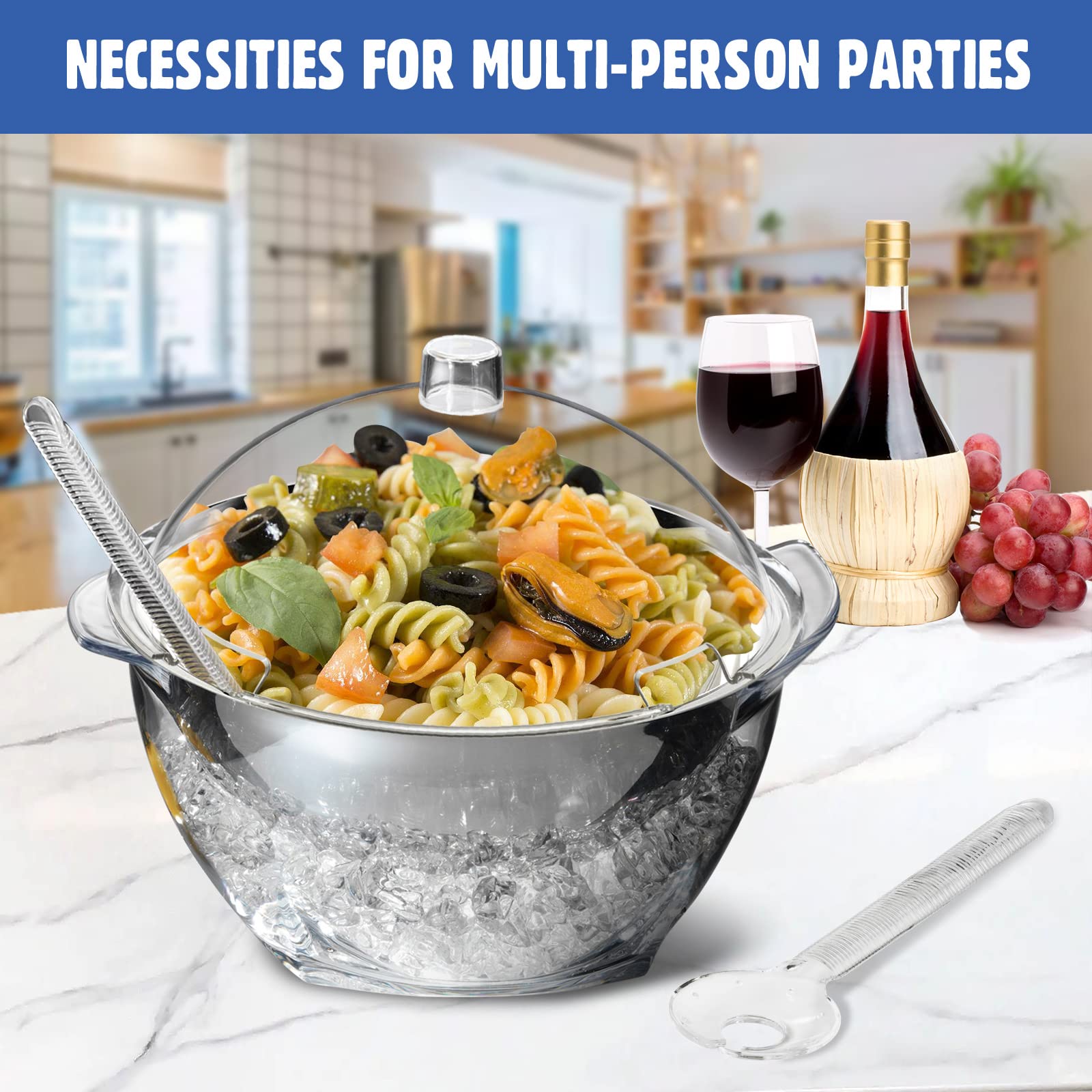 LIMOEASY Chilled Veggie Tray, 15 Inch Clear Party Platter with 4 Compartments, Ice Serving Bowl with Lid, Cold Food Buffet Server for Fruit, Vegetable, Appetizer, Shrimp