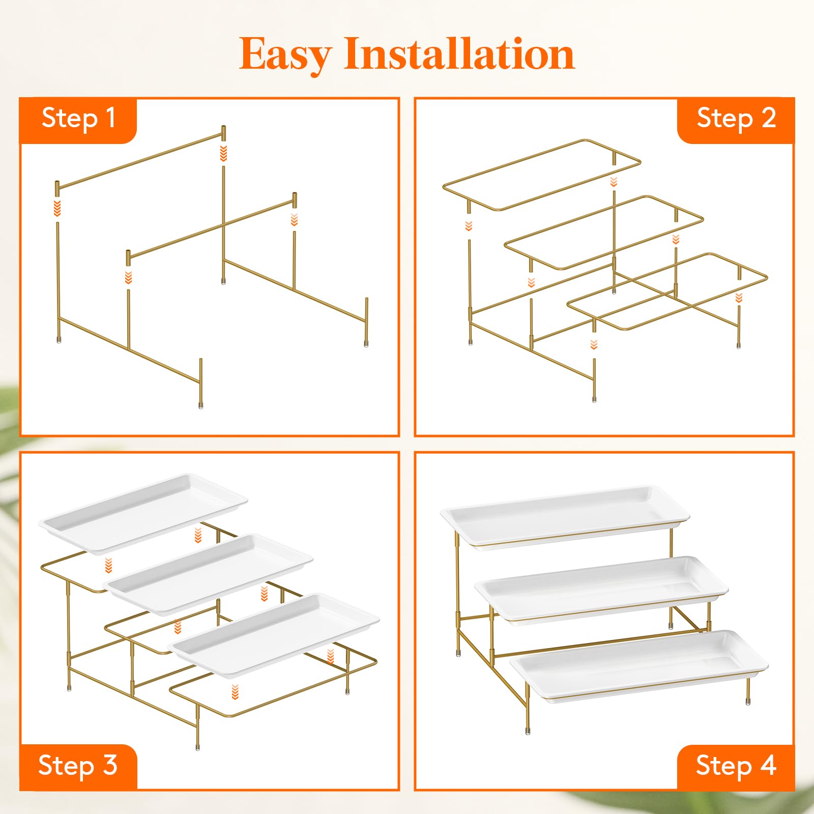 Lifewit 3 Tier Serving Tray for Party, 12" x 6.5" Plastic Tiered Food Serving Platters, White Rotatable Tiered Tray Stand with Gold Collapsible Metal Stand, Dessert Table Display Set for Buffet