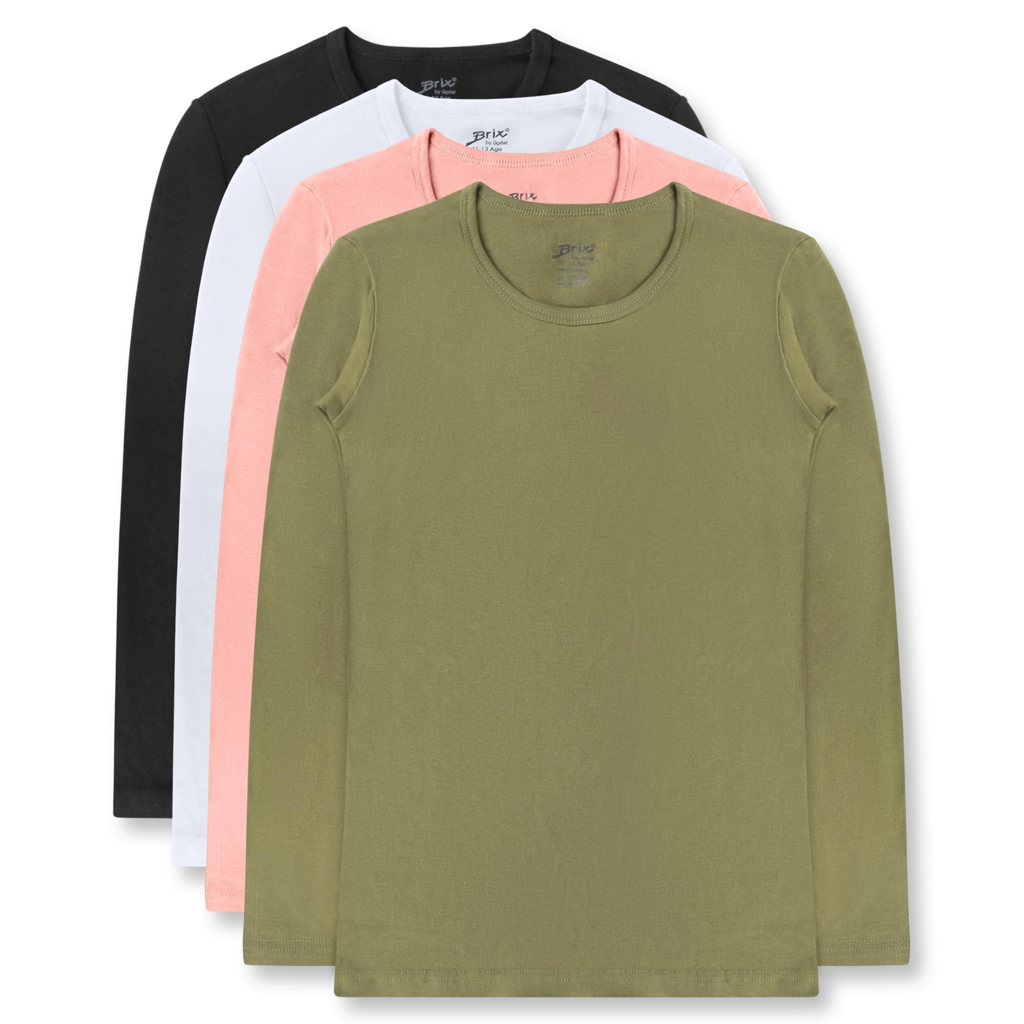Brix Girls' Long Sleeve Tees - 100% Cotton Tagless 4 -Pack Crew Neck Super Soft Cotton T Shirts.