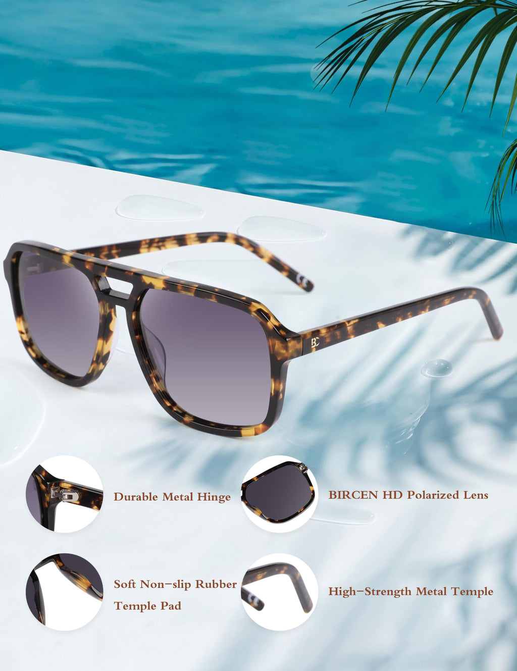 BIRCEN Women Polarized Acetate Sunglasses: Fashion Square Aviator Shades UV Protection for Trendy Laides Travel Beach Outdoor