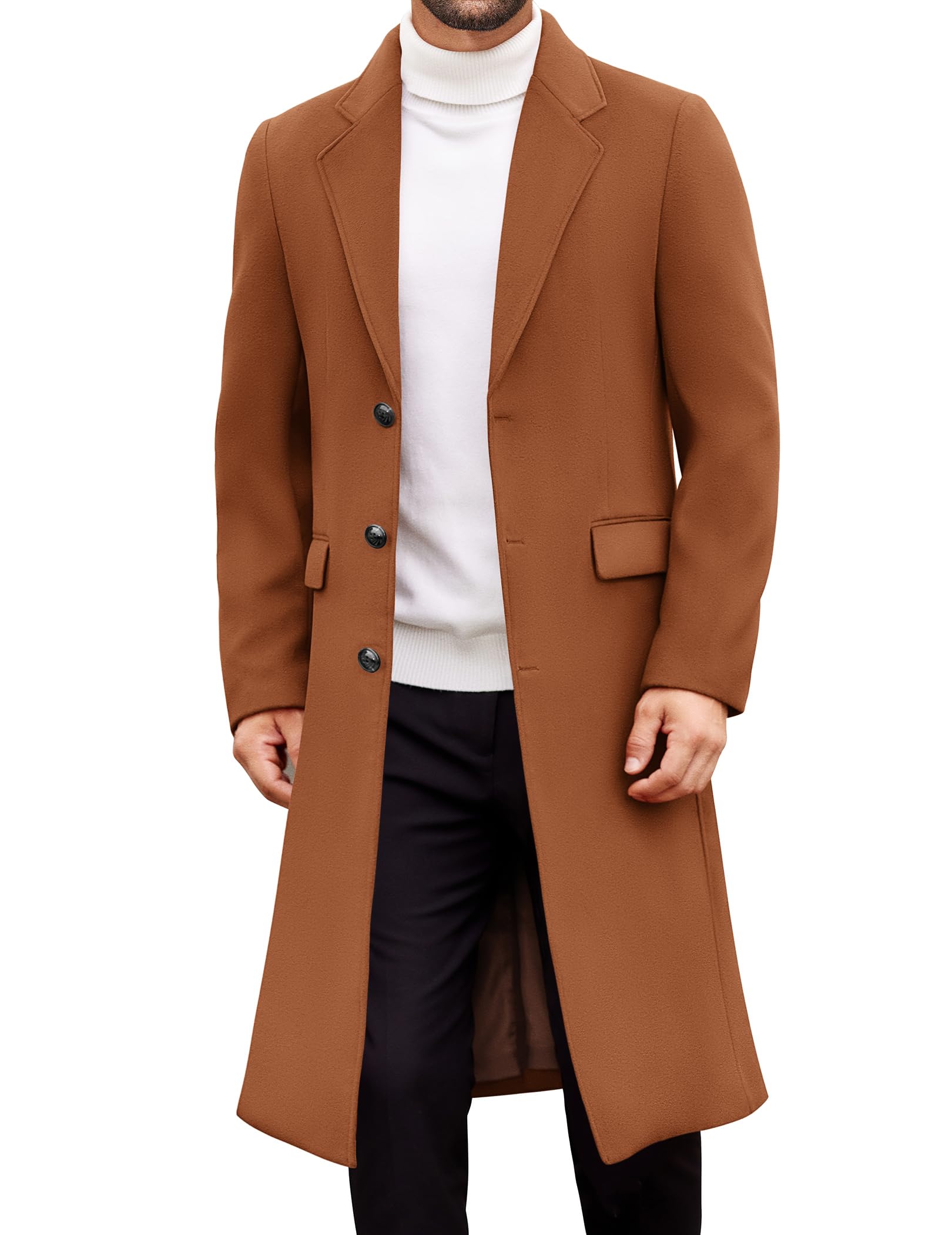 COOFANDY Mens Trench Coat Long Casual Single Brested Overcoat Winter Notched Collar Wool Blend Pea coat With Pockets