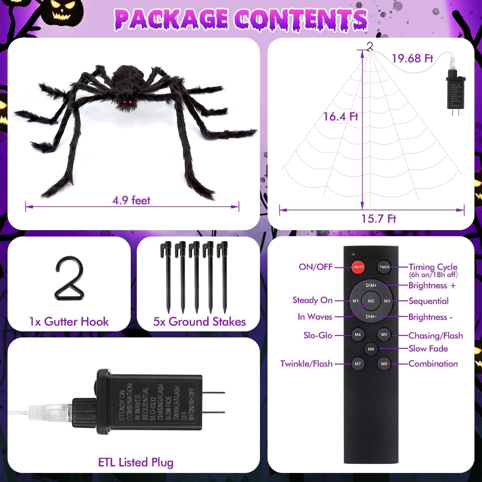 200" Halloween Spider Web + 59" Giant Spider Decorations Fake Spiders with Triangular Huge Spiders Web for Indoor Outdoor Halloween Decorations Yard Home Costumes Parties Haunted House Décor