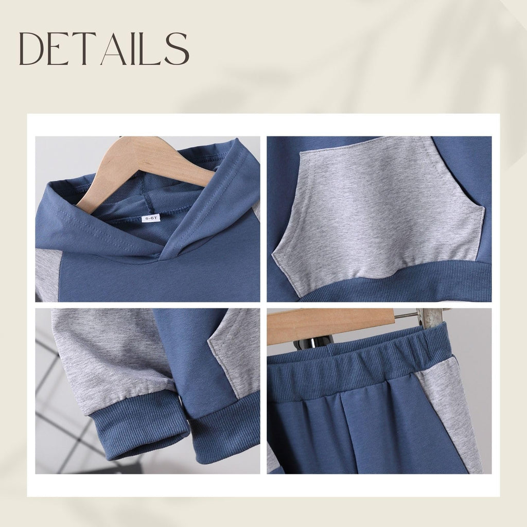 5-11Y Boys Clothes Long Sleeve Hooded Pullover Colorblock Sweatshirt + Pants 2pcs Fall Winter Outfit Set