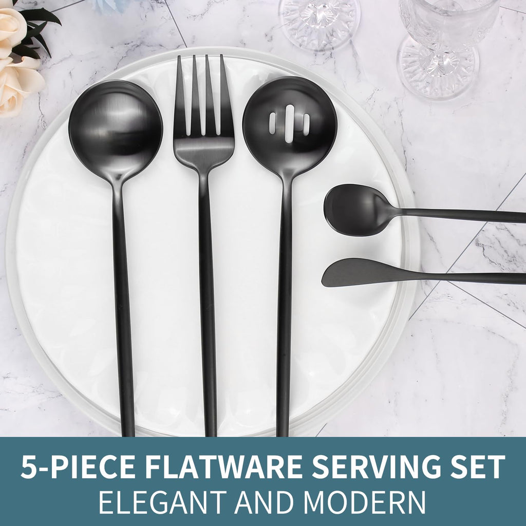 Gold Stainless Steel Serving Utensils Set, 5 Pcs - 10.8 Inch Serving Fork, 10.3 Inch Slotted Spoon, Sugar Spoon, Butter Knife for Buffet