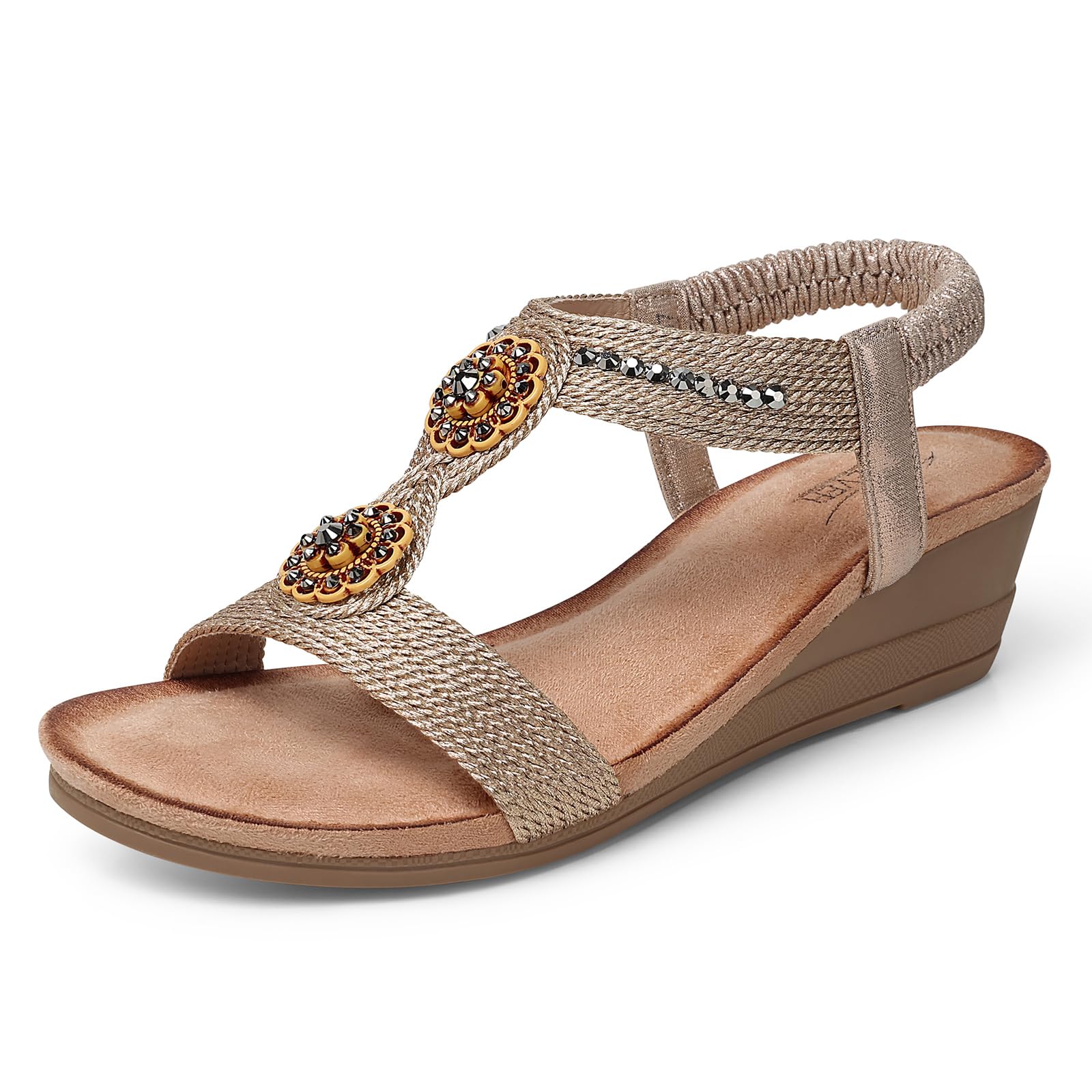 SHIBEVER Womens Wedge Sandals Flower Low Heel Dressy Sandals Elastic Ankle Strap Rhinestone Summer Comfortable Shoe