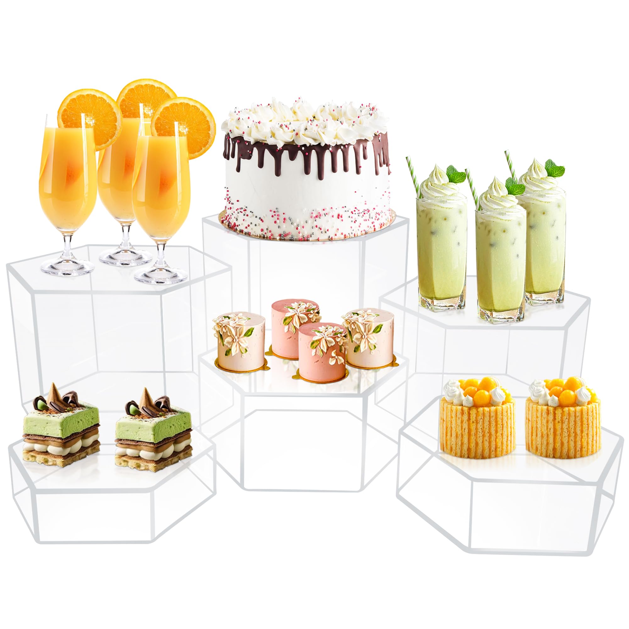 6Pcs Buffet Risers, Food Risers for Buffet Table, Acrylic Cube Display Risers with Hollow Bottom, Food Display Stand for Party Jewelry Dessert Figures (Size 5.5",6",6.5",7",7.5",8")