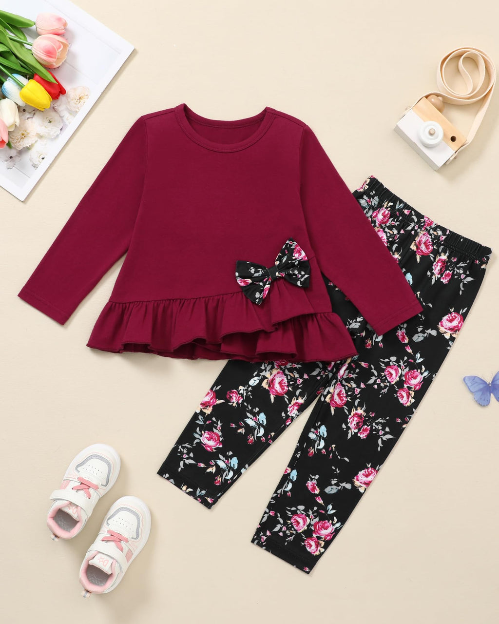 Toddler Girl Clothes 18M-8T Girls Fall Winter Outfit, Long Sleeve Ruffle Bowknot Top + Floral Pants 2Pcs Clothing Set