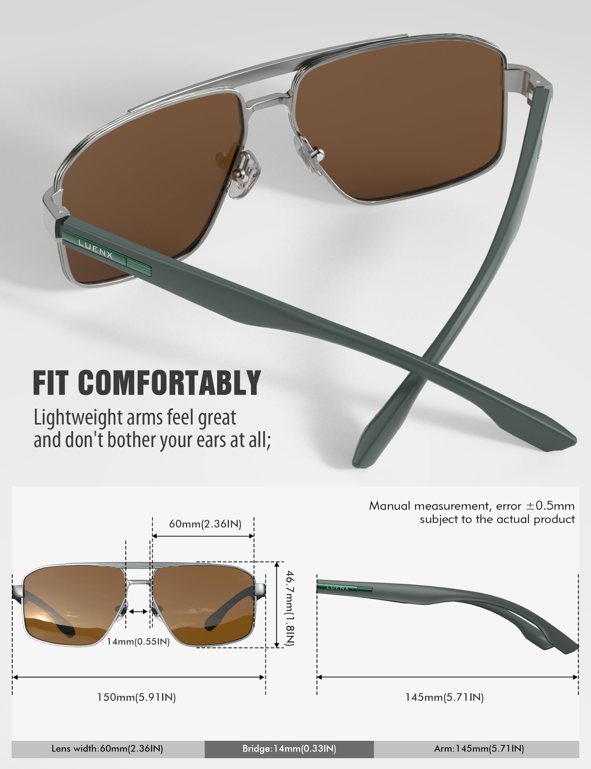 LUENX Aviator Sunglasses for Men Square Polarized Polygon Lens - UV 400 Protection