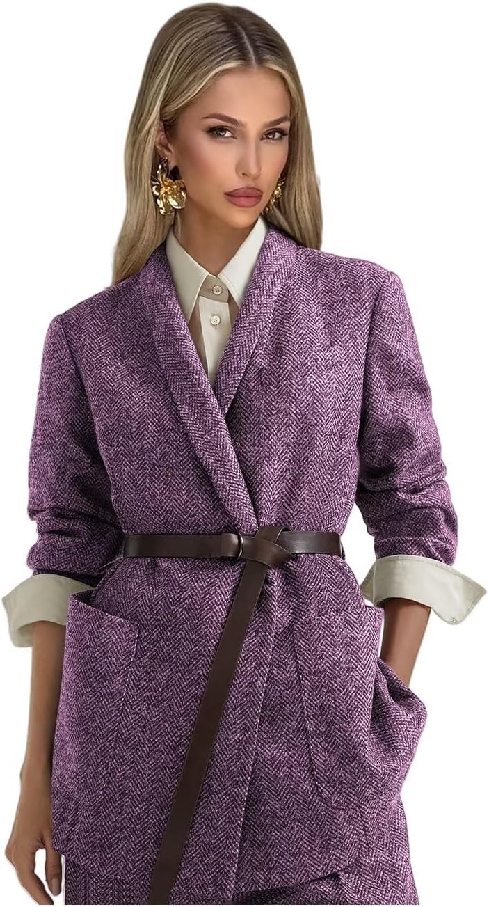 Tweed Suits for Women Dressy 2 Piece Herringbone Blazer and Pants with Belt Shawl Lapel Business Casual Outfits