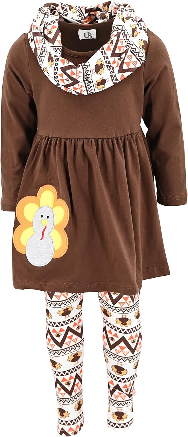 Unique Baby Girls Kids Toddler 3pc Outfit Set Long Sleeve Cotton Blend Tunic Top Leggings and Scarf