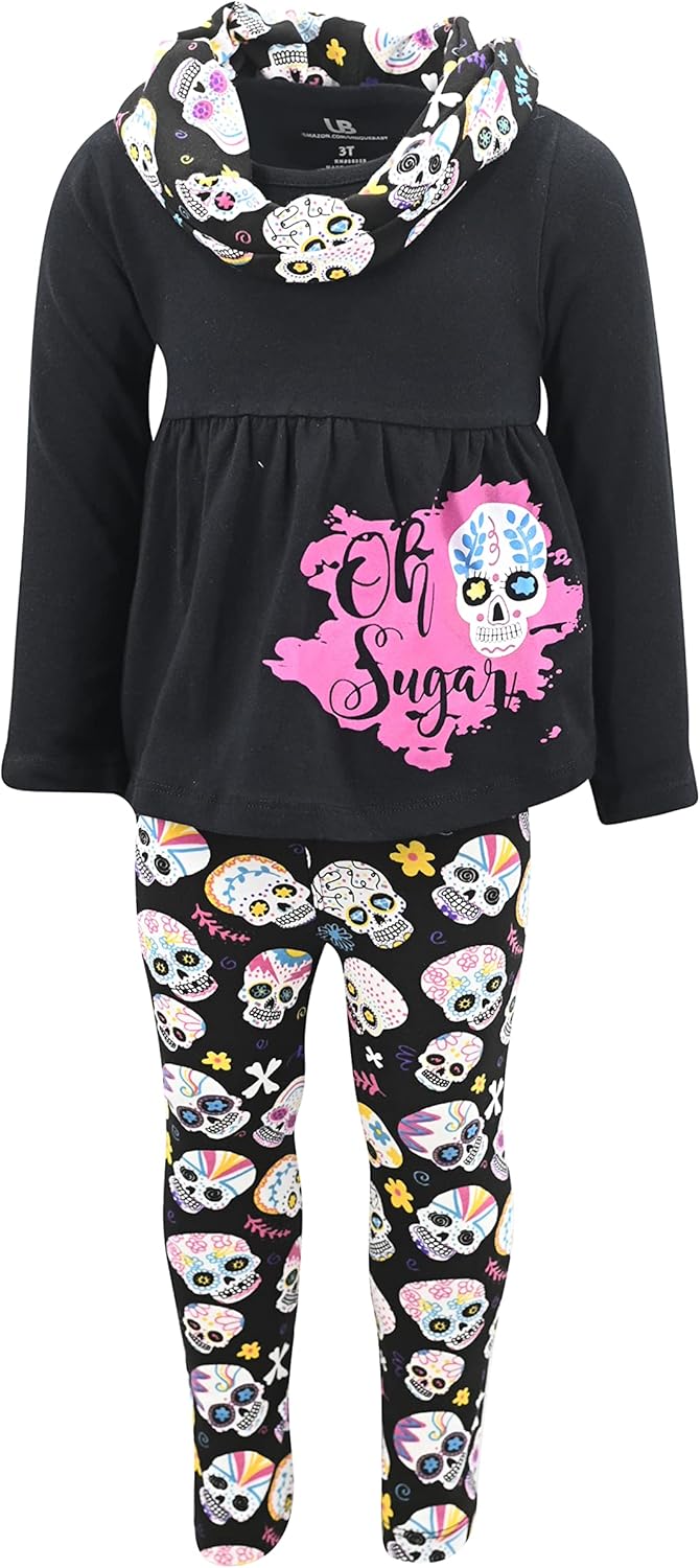 Unique Baby Girls Kids Toddler 3pc Outfit Set Long Sleeve Cotton Blend Tunic Top Leggings and Scarf