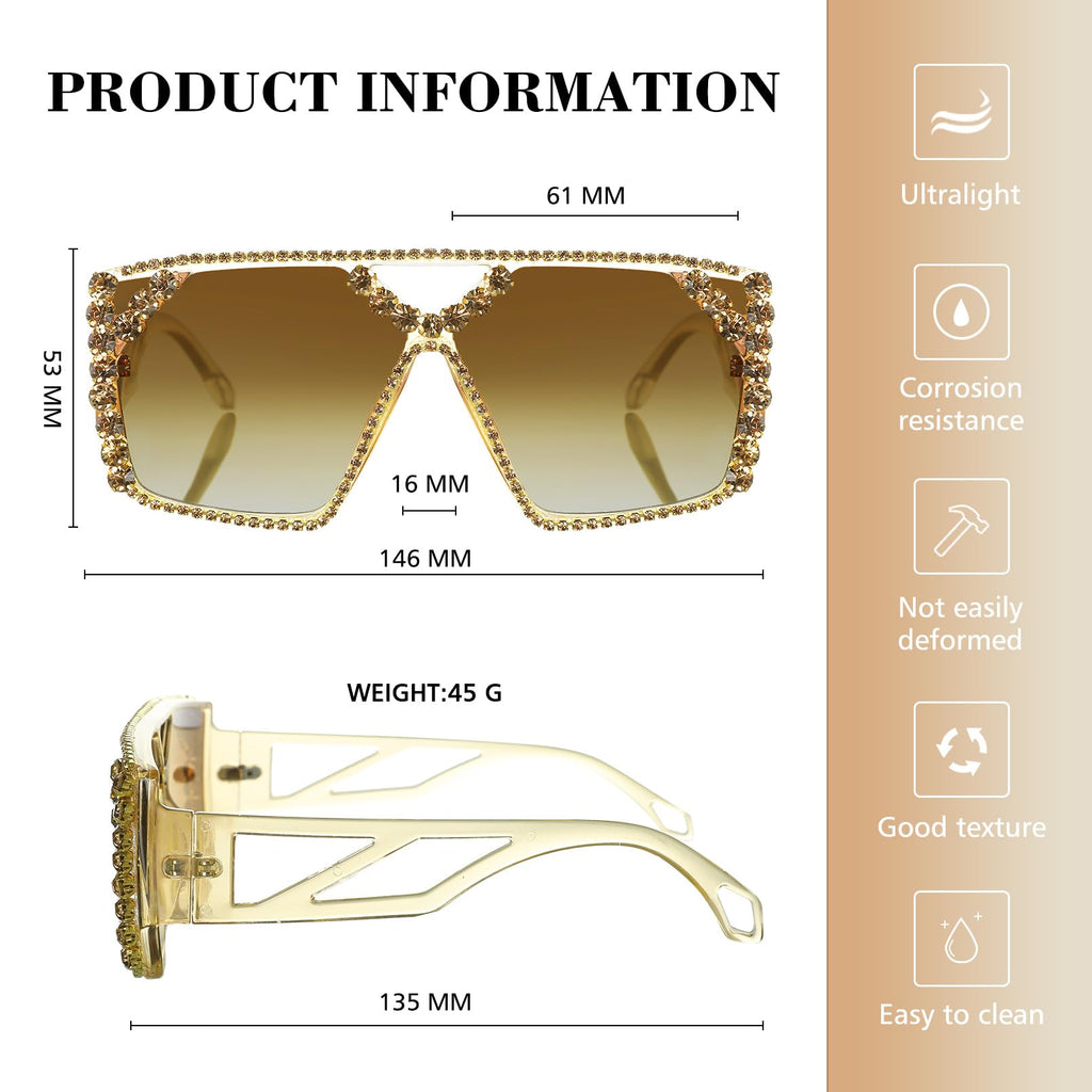YOGFIT Oversized Square Diamond Sunglasses for Women Fashion Sparkling Crystal Retro Disco Sunglasses