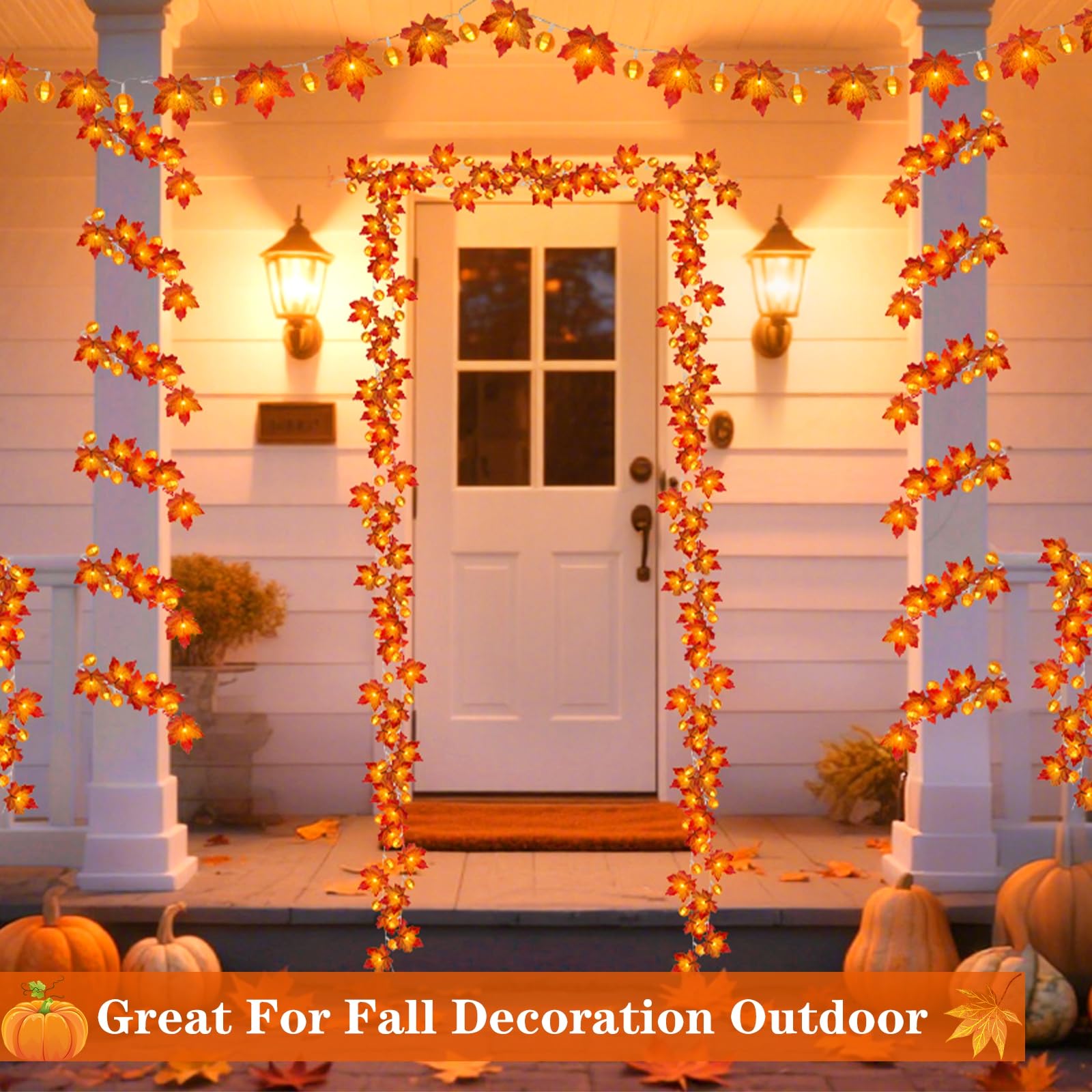 3 Pack Fall Garland with Pumpkin Lights & Enlarged Maple Fall Halloween String Lights Pumpkin Decor, 30Ft 60LED Waterproof Battery Operated Fall Decorations for Home Thanksgiving Decor Indoor Outdoor