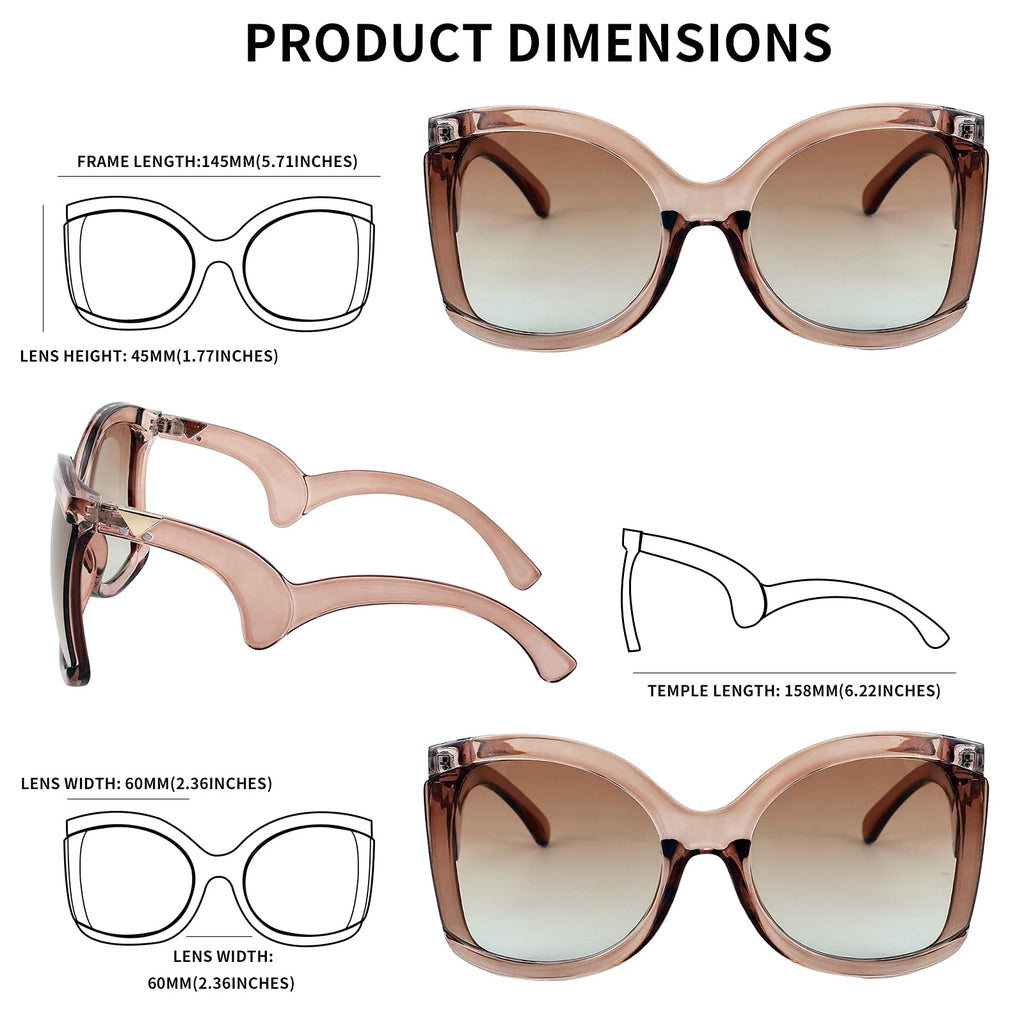 FEISEDY Oversized Square Butterfly Sunglasses Curved Curly Arm Frame Women's Fashion Shades B4035