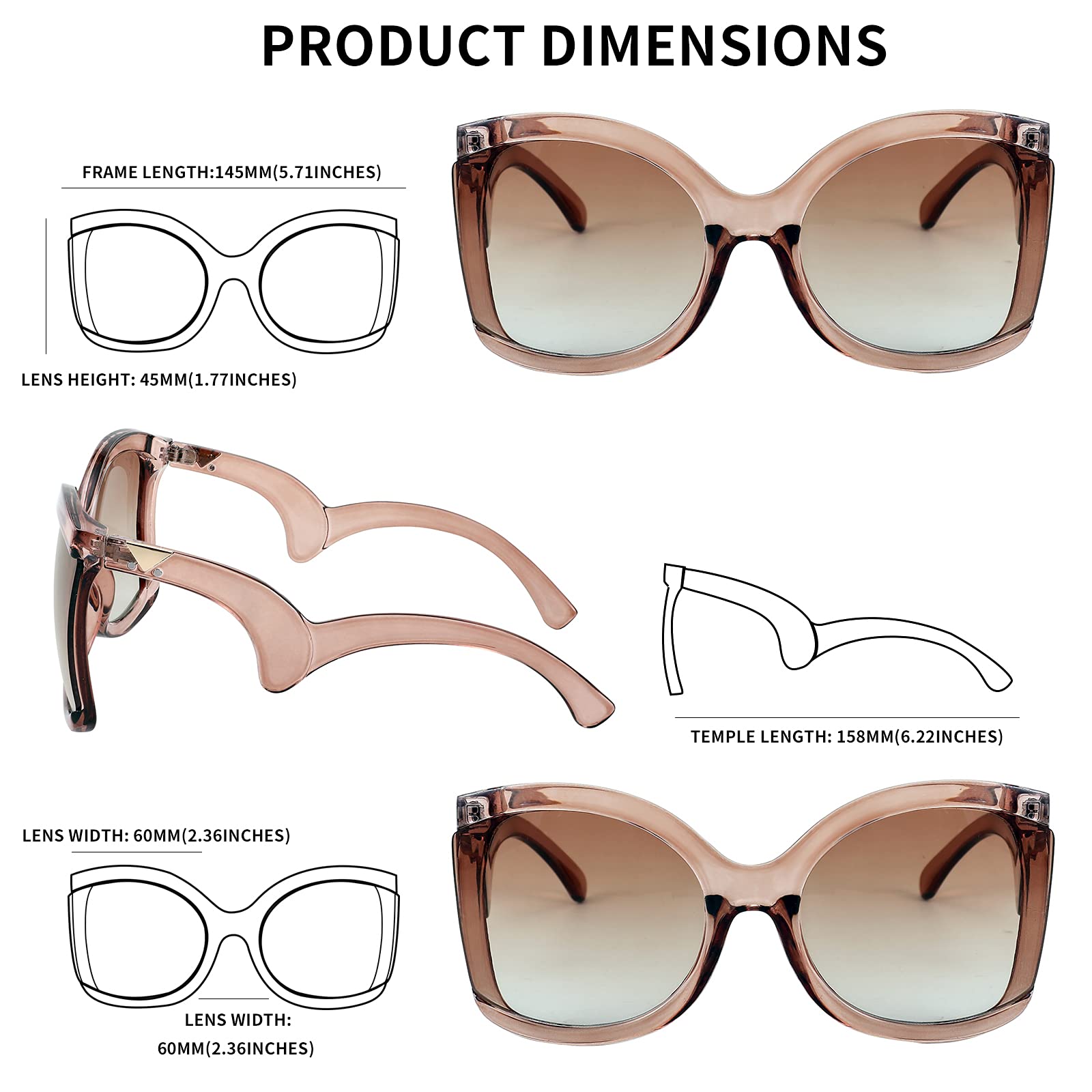 FEISEDY Oversized Square Butterfly Sunglasses Curved Curly Arm Frame Women's Fashion Shades B4035