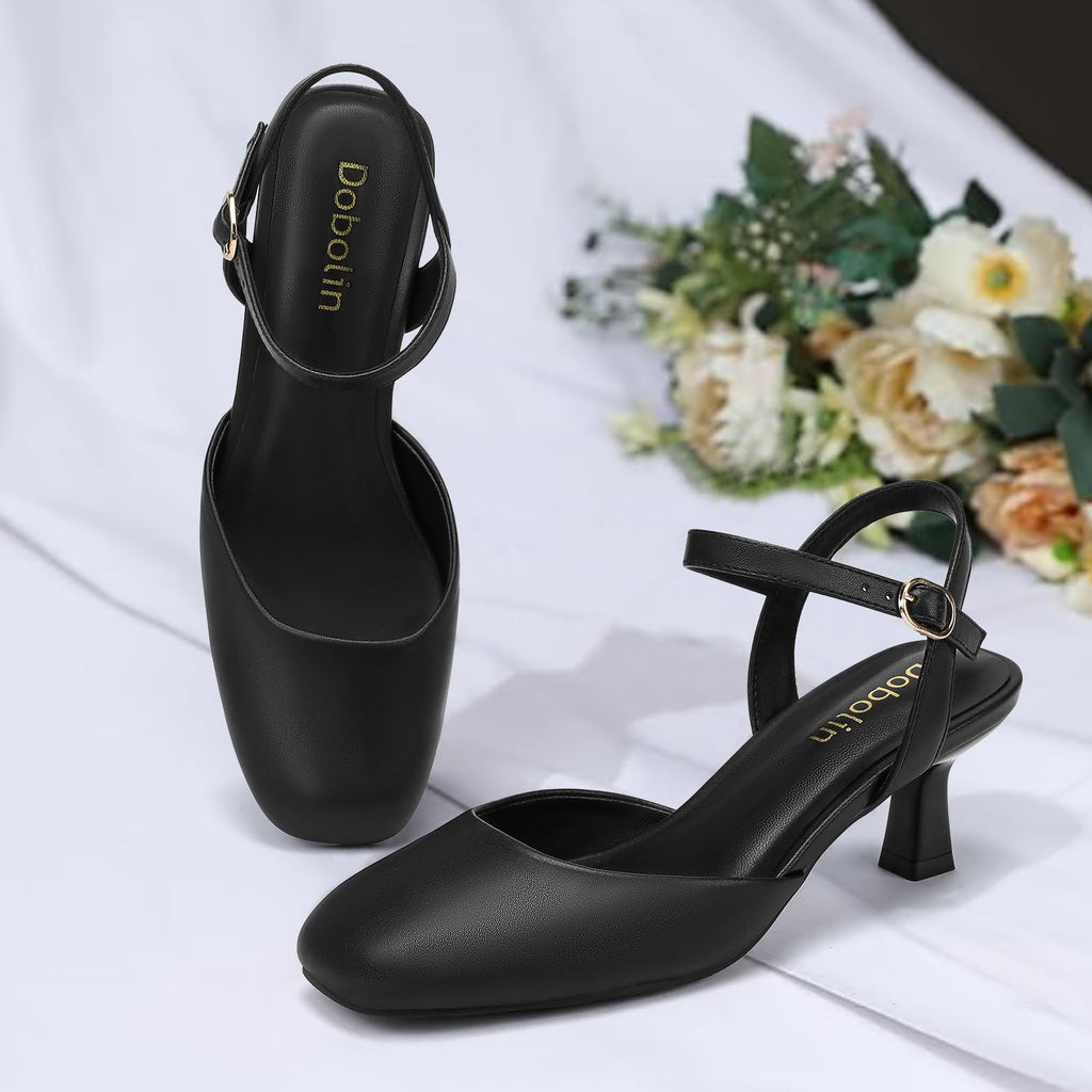 2.2 Inch Kitten Heels for Women Closed Toe Dress Shoes for Women Comfortable Dressy Low Stiletto Heel with Ankle Strap Womens Pumps