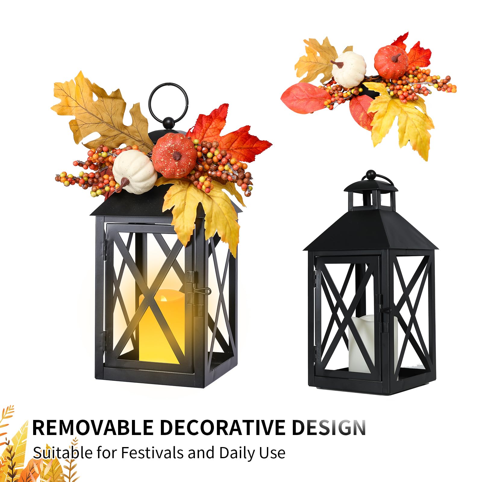 2 Pack Fall Lantern Decor with LED Candle – 12 Inch Harvest Pumpkin Maple Leaf Hanging Lantern for Autumn Thanksgiving Table Centerpiece Indoor Outdoor Decoration, Battery Operated
