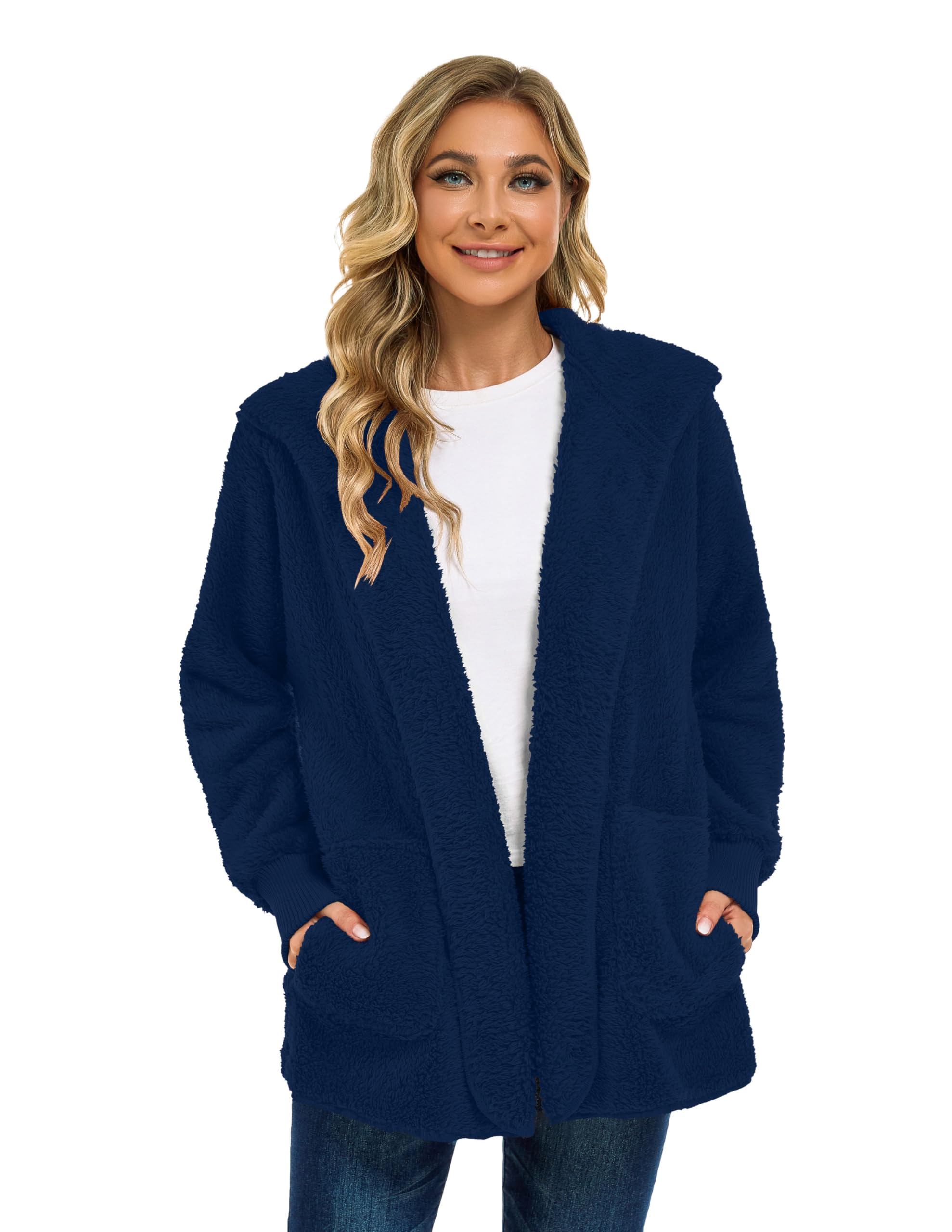 CHICGAL Womens Fuzzy Jacket Hooded Cardigan Open Front Sherpa Coat Outwear with Pockets