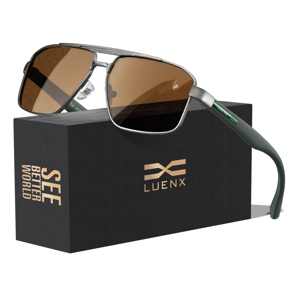 LUENX Aviator Sunglasses for Men Square Polarized Polygon Lens - UV 400 Protection