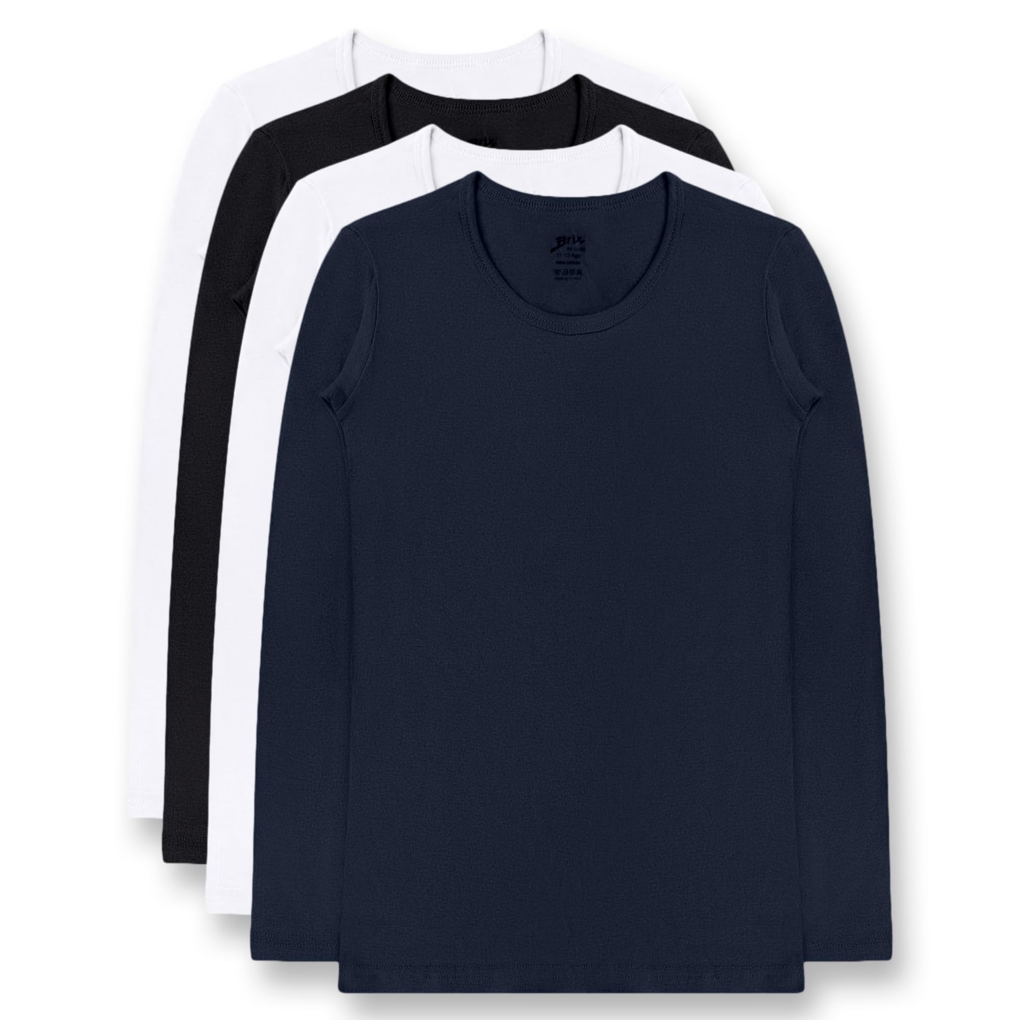 Brix Girls' Long Sleeve Tees - 100% Cotton Tagless 4 -Pack Crew Neck Super Soft Cotton T Shirts.
