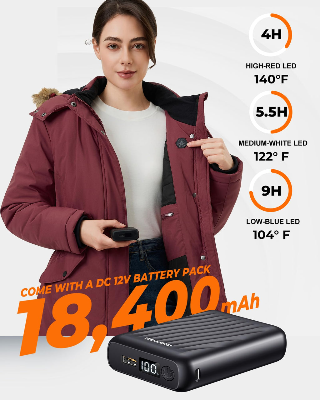 Graphene Long Heated Jacket for Women with 18400mAh 12V Battery Pack, Womens Parka Coat with Faux Fur Detachable Hood