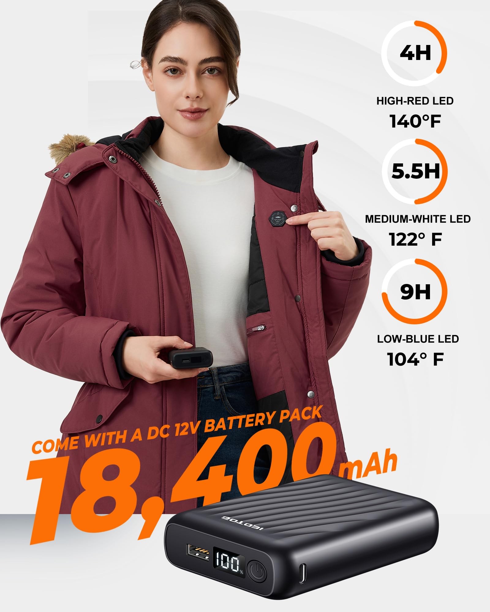 Graphene Long Heated Jacket for Women with 18400mAh 12V Battery Pack, Womens Parka Coat with Faux Fur Detachable Hood