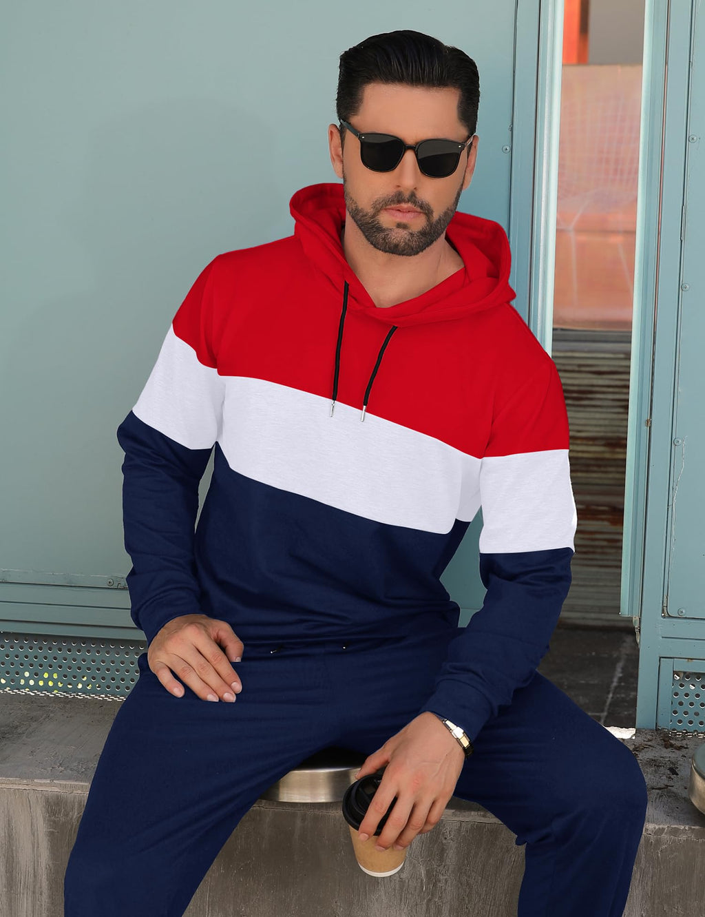 Babioboa Men's Tracksuit 2 Piece Color Block Hoodie Set Pullover Sweatshirt and Jogging Sweatpants Athletic Sweatsuits Set