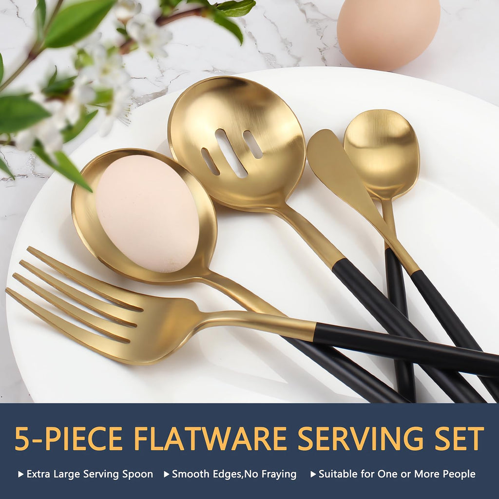 Gold Stainless Steel Serving Utensils Set, 5 Pcs - 10.8 Inch Serving Fork, 10.3 Inch Slotted Spoon, Sugar Spoon, Butter Knife for Buffet