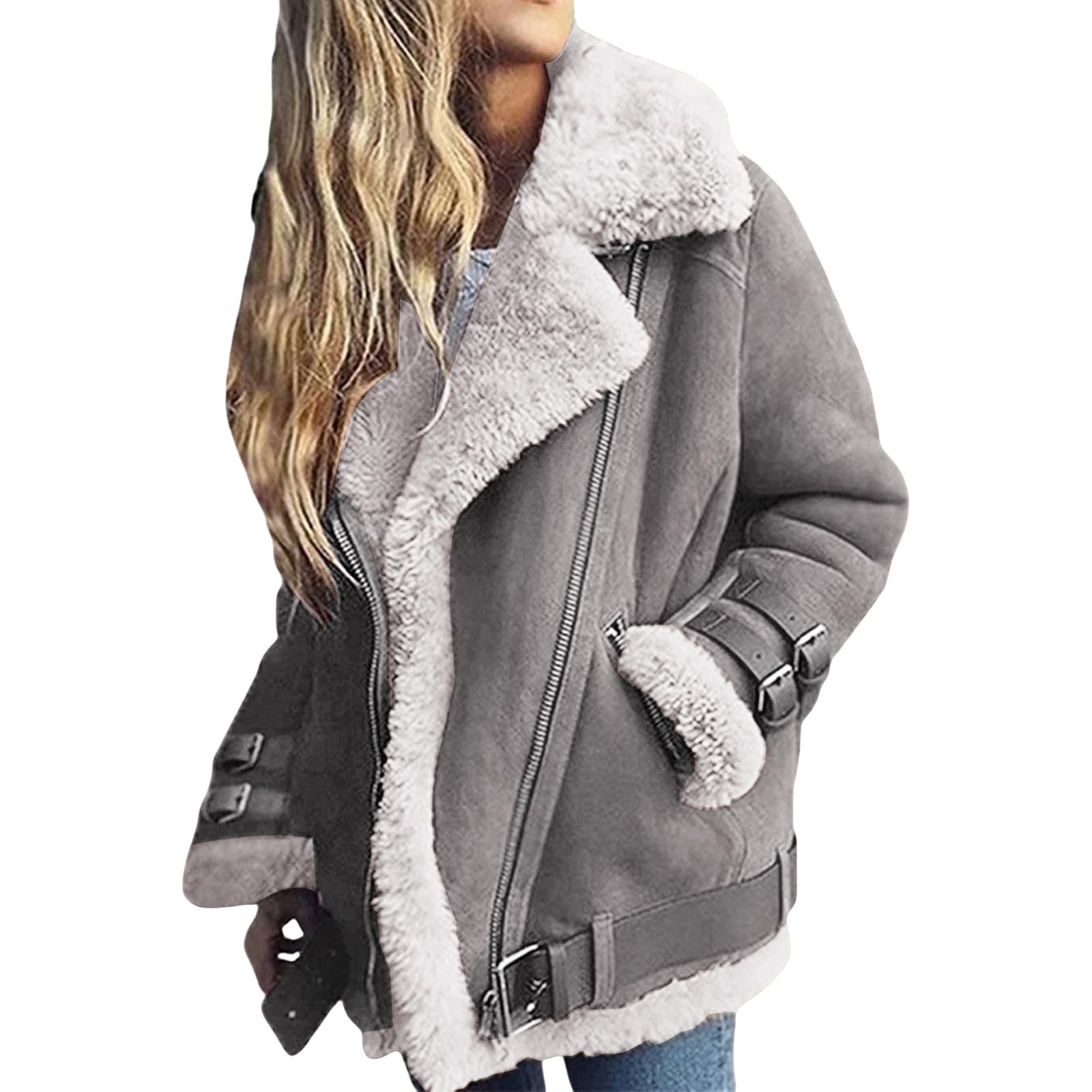 Women Sherpa Lined Coat Lapel Zip Up Winter Thicked Outwear Oversized Leather Faux Suede Fleece Shearling Jacket