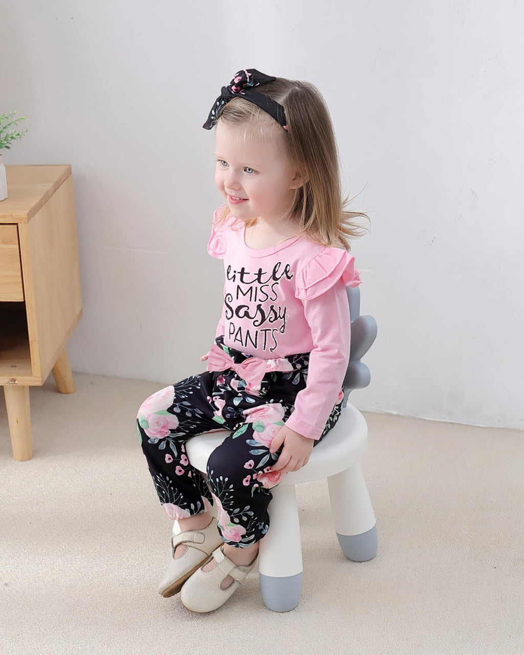 YALLET 3Pcs Toddler Girl Clothes Solid Color Long Sleeves Ruffle Top+Floral Pants+Headband 1-6 Years Fall/Winter Outfits Set